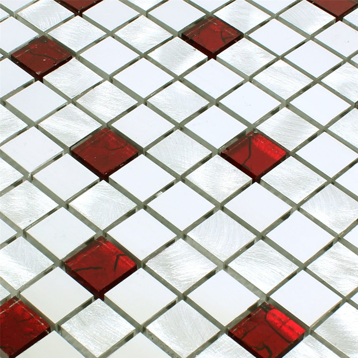 Mosafil Mosaikfliesen Mosaikfliesen Aluminium Glas Maira Silber Rot, Glas-Metall-Aluminium 30.000x30.000, rot-silber, Verlegefertig auf ein Netz geklebt - Wasserfest