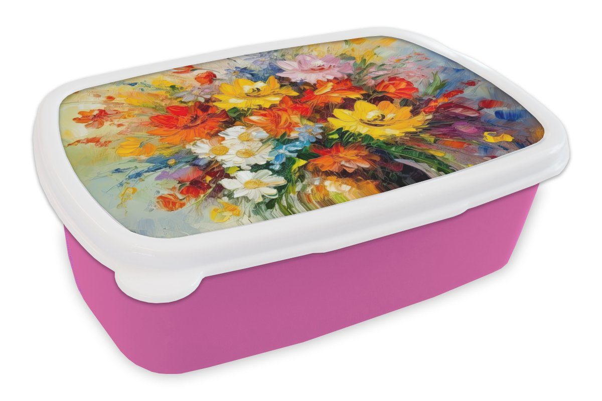 Bunt Ölfarbe Lunchbox (2-tlg), Brotdose Kinder, Kunststoff, für Kunststoff Erwachsene, - Mädchen, Blumen - - Brotbox MuchoWow Blumentopf, rosa Snackbox,