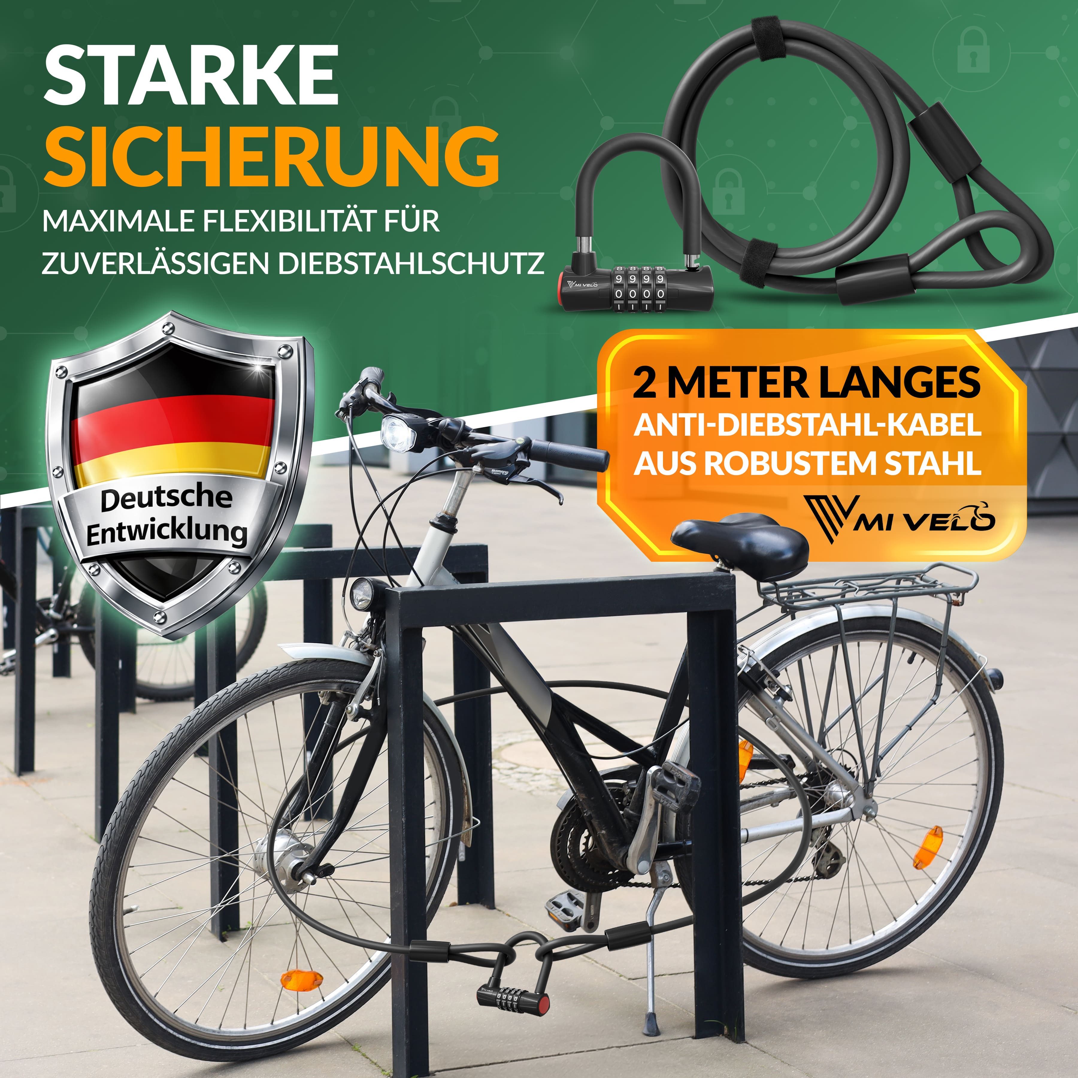 MIVELO Kabelschloss Fahrradschloss mit Zahlenschloss Stahlbügel, 2 Meter lang, 10 mm Stahlkern