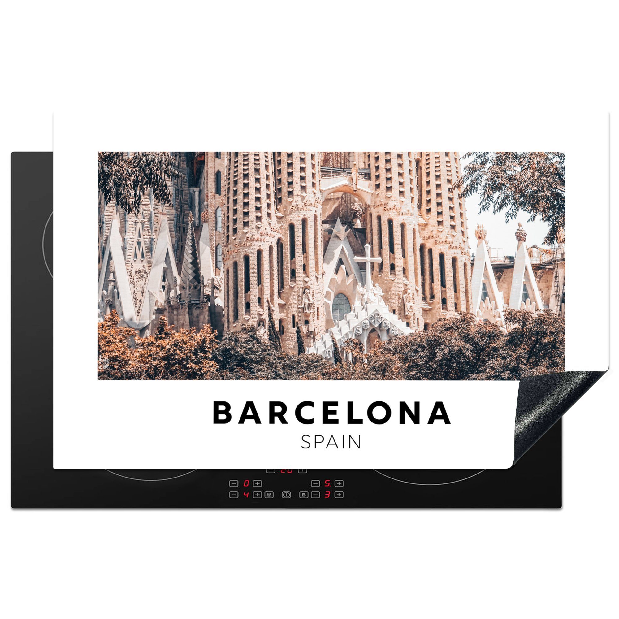 (1 cm, Architektur, - Ceranfeldabdeckung Herdblende-/Abdeckplatte tlg), Induktionskochfeld - Spanien küche, für die Schutz Vinyl, Barcelona 81x52 MuchoWow