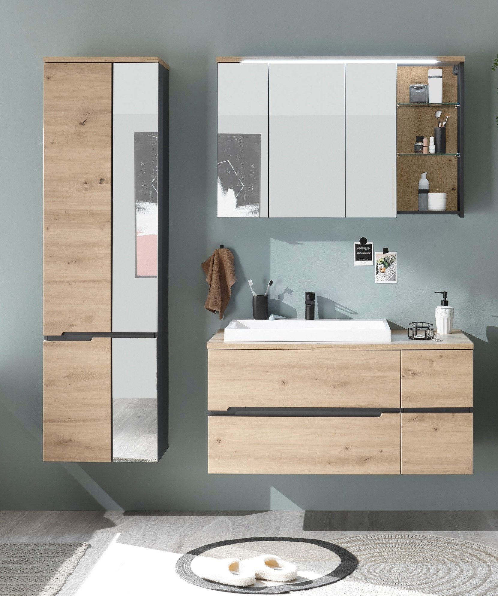 PREISBRECHER Badezimmer-Set Memphis, (3-tlg., Hängeschrank), (3-tlg) Grau / Artisan Eiche Dekor - 180x176x53 (BxHxT)