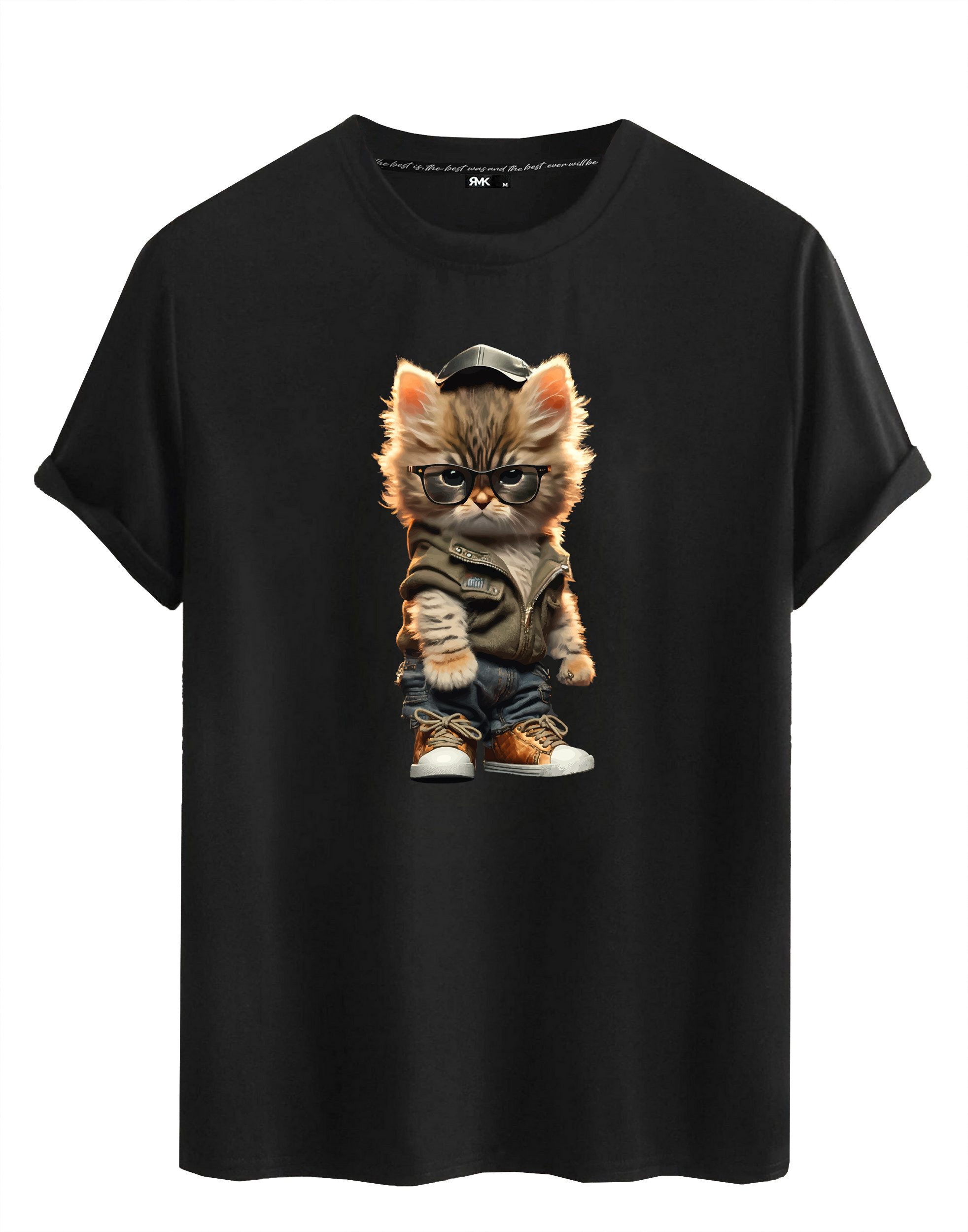 RMK T-Shirt Herren Basic Rundhals mit Gangster süße Katze Cat aus Baumwolle günstig online kaufen