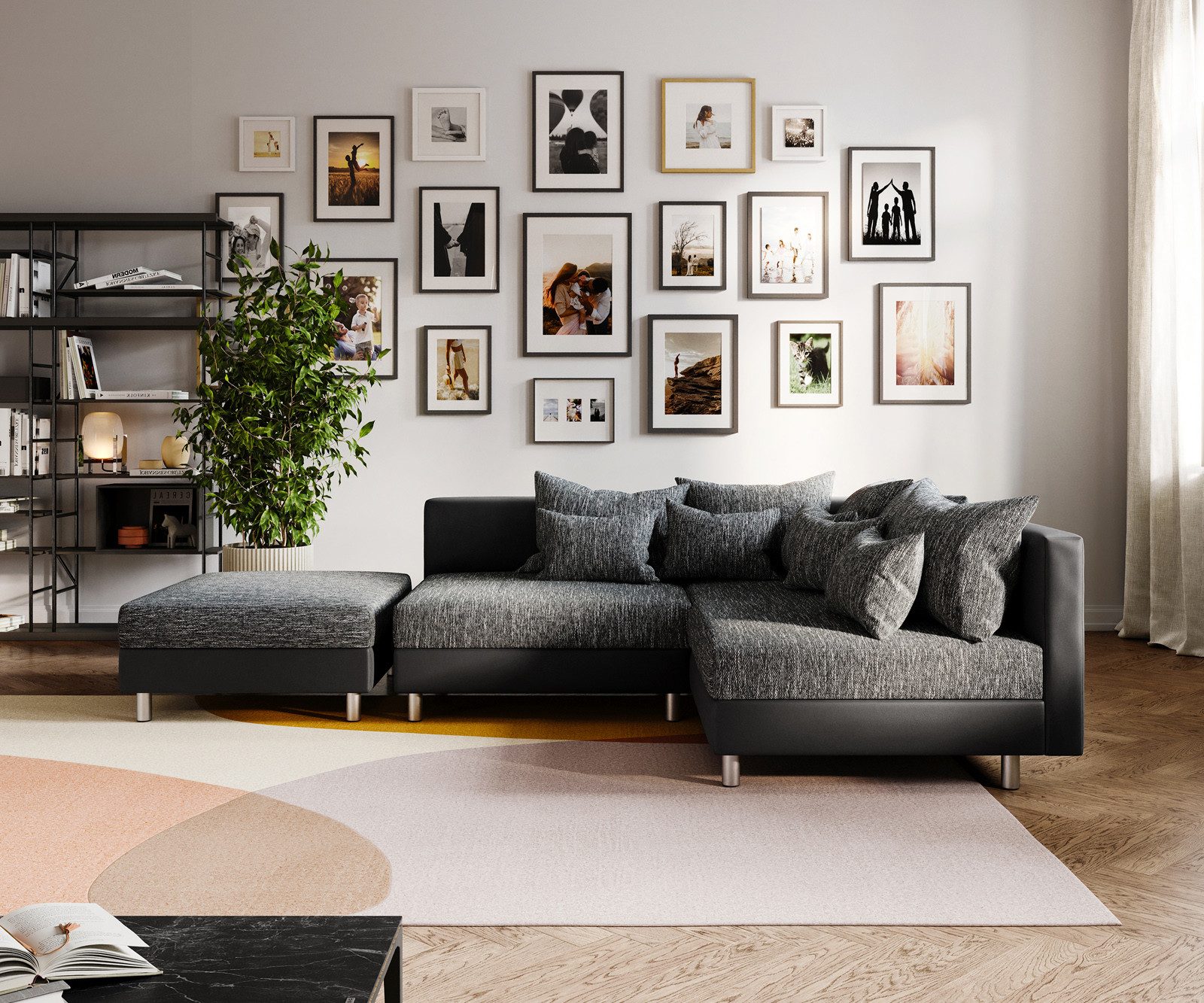 DELIFE Ecksofa Clovis, Schwarz mit Hocker günstig online kaufen