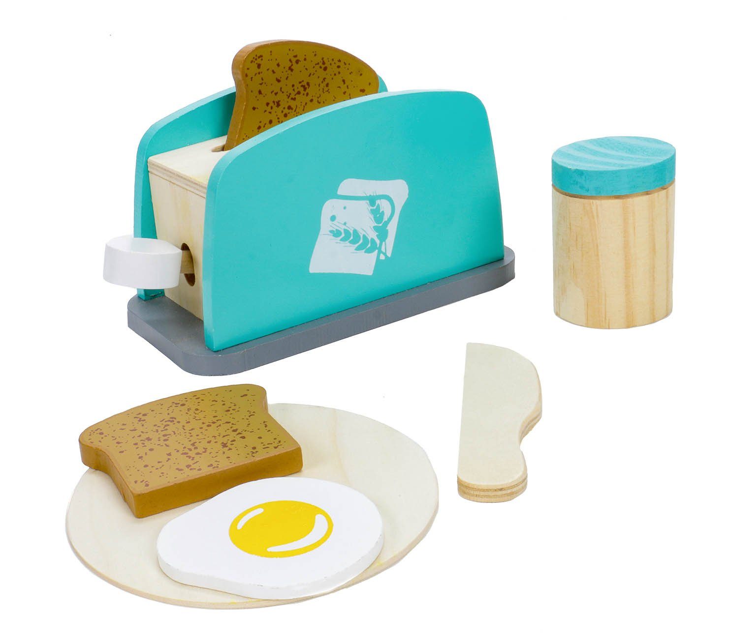 Bubble-Store Kinder-Toaster Spielzeug mit Zubehör, (FSC-zertifiziert Holzspielzeug), Holzspielzeug Toaster, Teller, Spiegelei, Becher