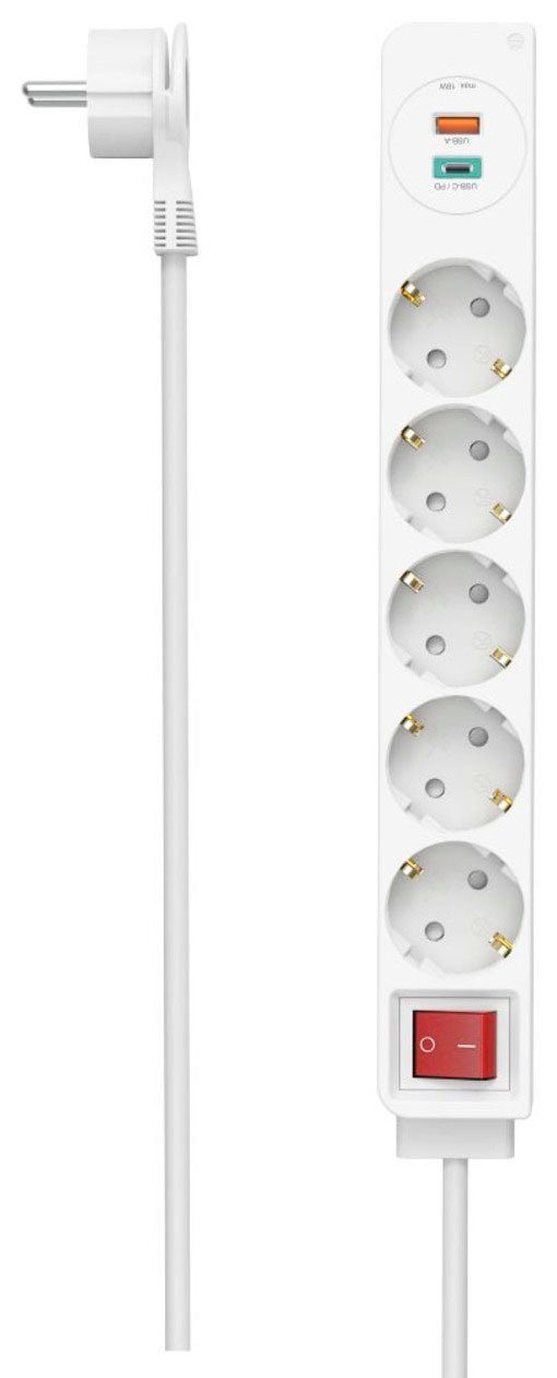 Hama Steckdosenleiste, 5-fach, USB-C/A 18W, PD/QC™, Schalter, Flachst. Steckdosenleiste 7-fach (Ein- / Ausschalter, USB-Anschlüsse, Schutzkontaktkupplung, Schutzkontaktstecker, Kabellänge 1,4 m), 1 x USB-A, 1 x USB-C