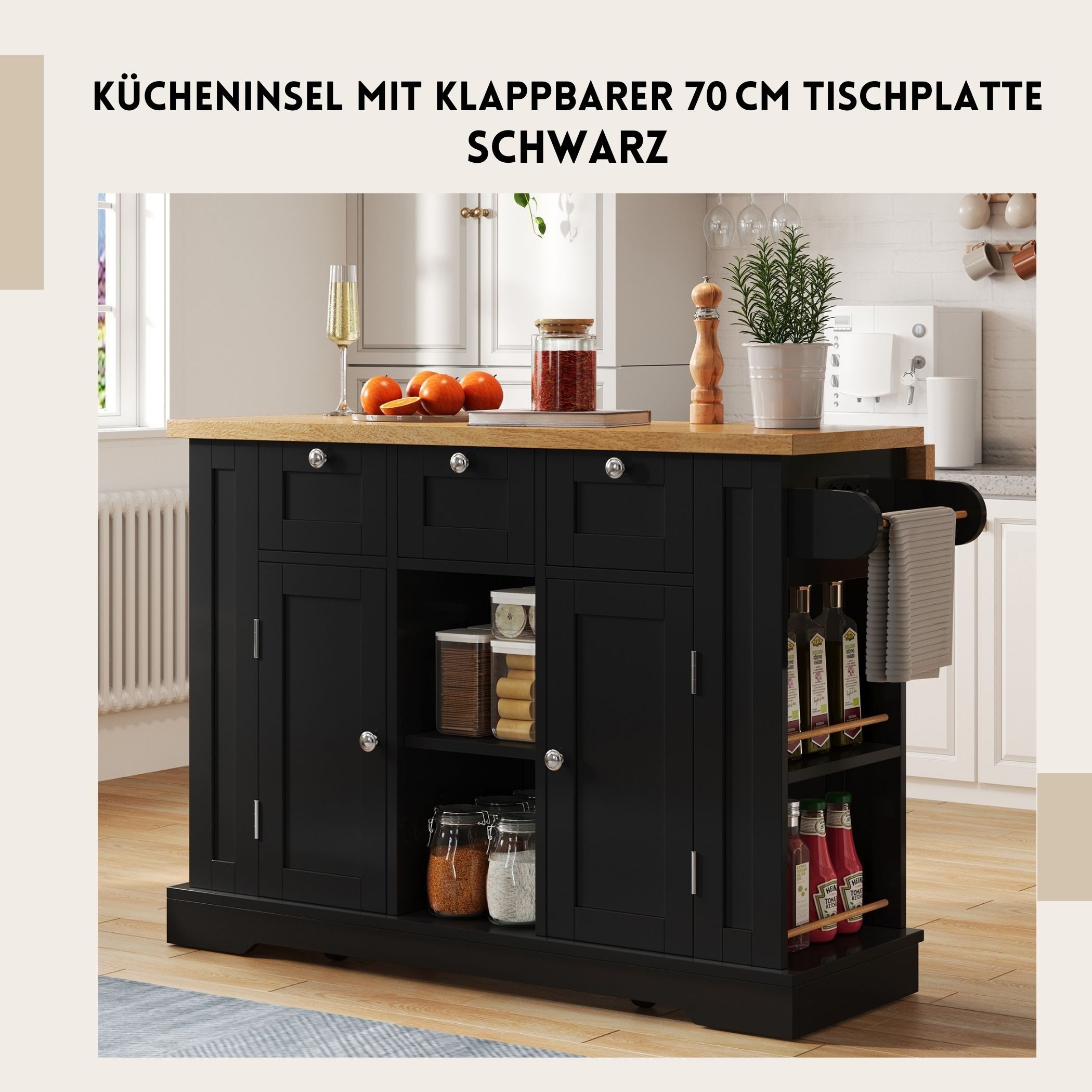 SeedWave Kücheninsel mit klappbarer 70 cm Tischplatte, 3 Schubladen, USB-La günstig online kaufen