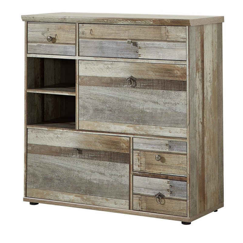 Lomadox Garderobenschrank BRANSON-36 Schuhschrank Flur Kommode Vintage Driftwood Braun, 99X98x40 cm