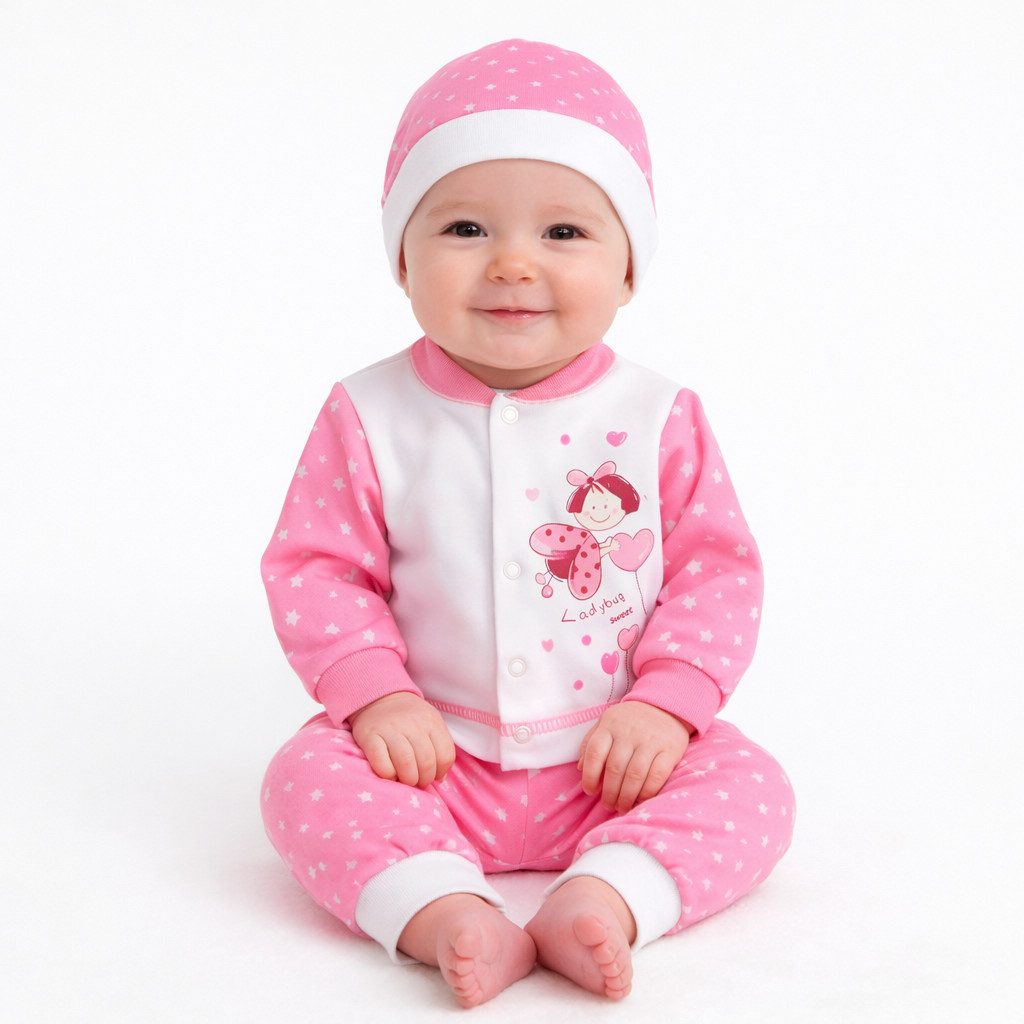 La Bortini Langarmshirt & Hose Baby Anzug Erstlingsset in weiß rosa Hemdchen Mitwachshose Mütze (Erstlingsset Mitwachshose, Shirt, Haube, für Mädchen, für Neuge – Bild 2 von 3