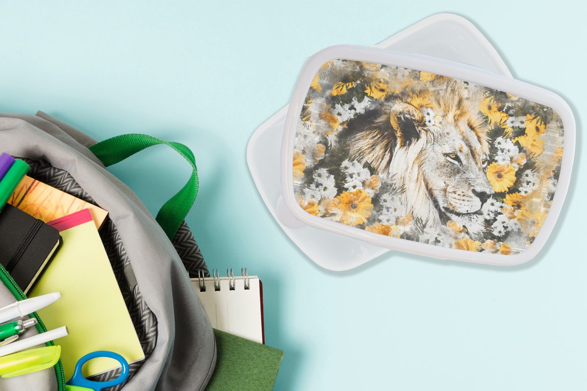 Kunststoff, Blumen Lunchbox Erwachsene, - MuchoWow für Mädchen Jungs für Weiß, Löwe Schwarz und Kinder Brotbox (2-tlg), und - Brotdose, -