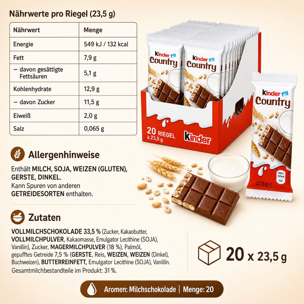 kinder Schokolade Kinder Country 20 x 23,5 g Vorteilspack Schokoriegel mit Cerealien