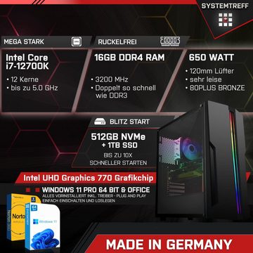 SYSTEMTREFF PC (Intel Core i7 12700K, UHD Graphics 770, 16 GB RAM, 512, 1000 GB SSD, Luftkühlung, Windows 11, WLAN)