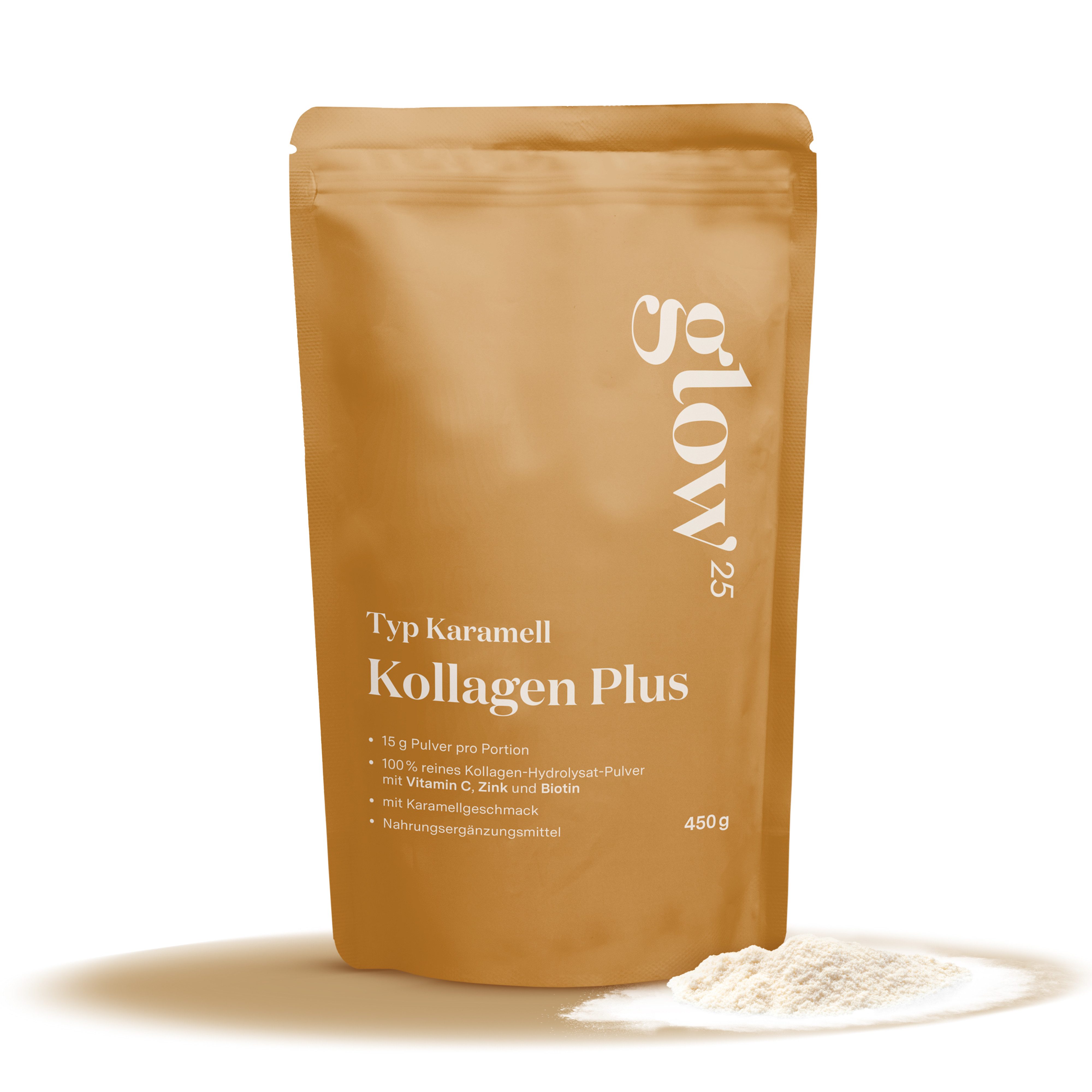 Glow25® Collagen Plus Karamell [450g] mit Vitamin C, Zink und Biotin Pulver