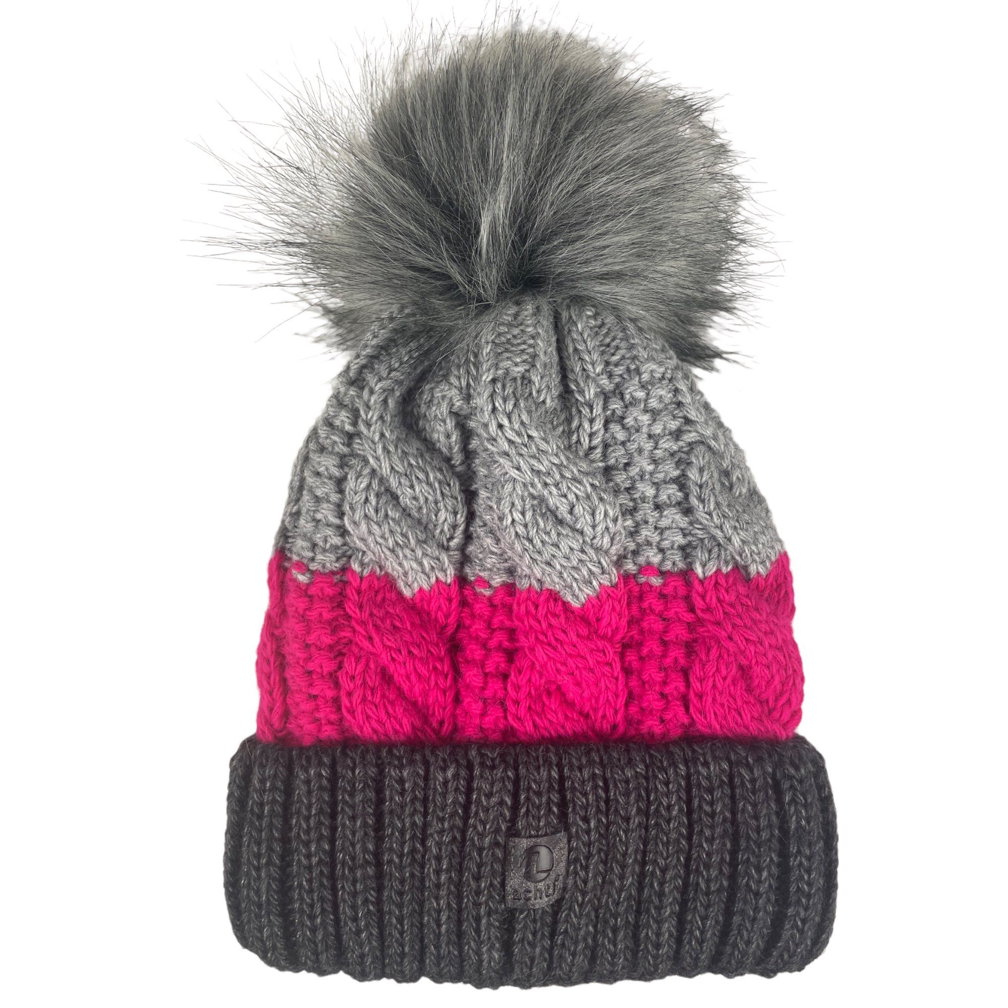 Taschen4life Bommelmütze Mütze mit großem Bommel AZ2342PC (unisex) Strickmütze im Grobstrick mit Zopfmuster, warm gefüttert anthrazit/pink