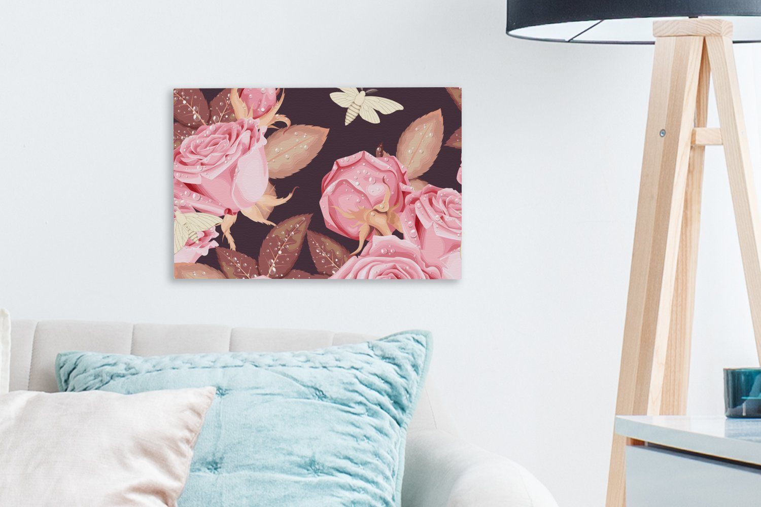 30x20 Rosa cm Aufhängefertig, Rosen Weiß, Leinwandbilder, (1 Wandbild Wanddeko, OneMillionCanvasses® - - St), Leinwandbild Schmetterlinge -