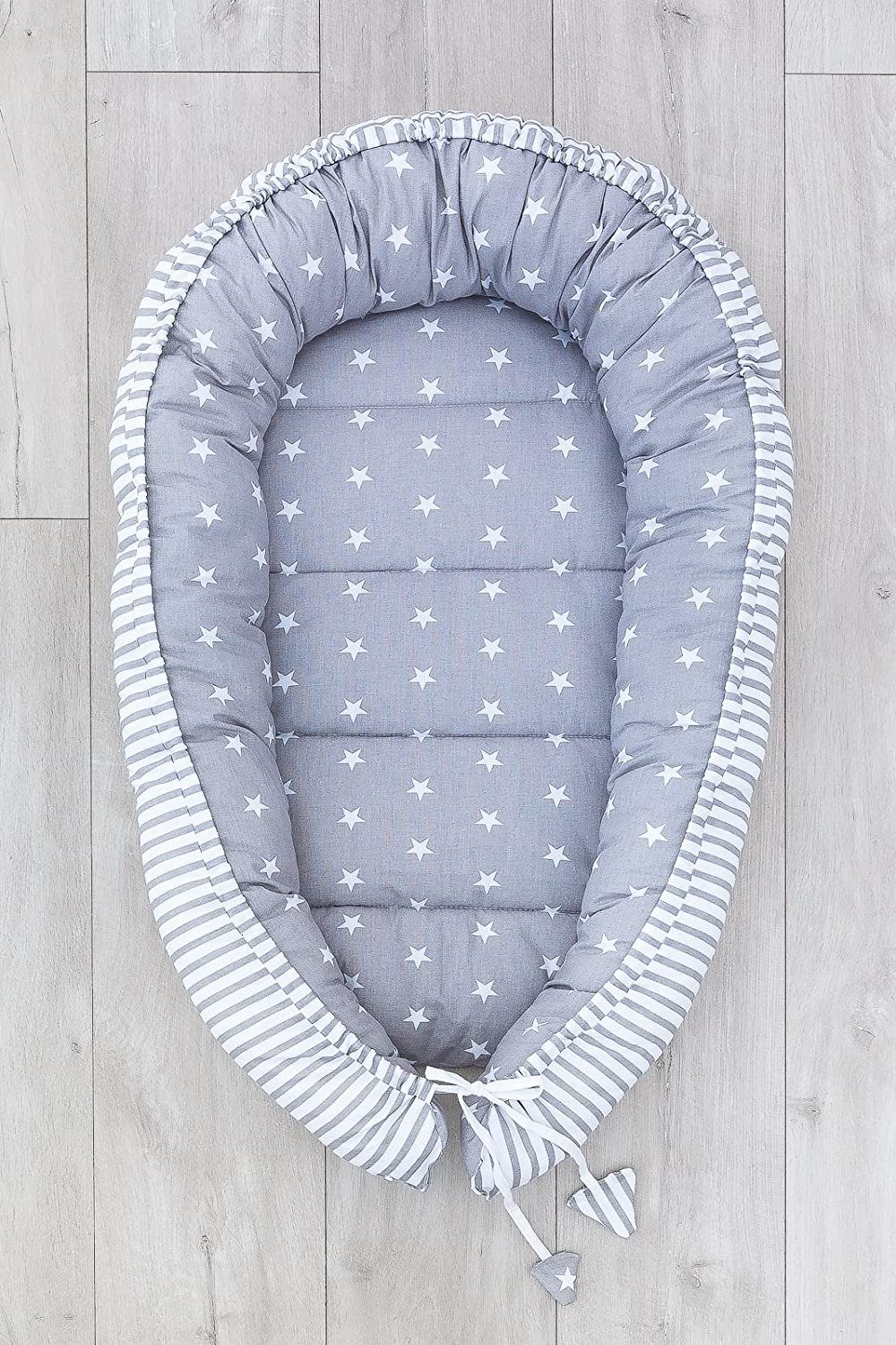 Loolay Bettnestchen Grau Baumwolle BABYNEST Babykokon Neugeborene Babyausstattung SET, (Kuschelnest Reisebett SOLO/ o. im Geschenk SETS, 1-tlg., 100% BAUMWOLLE Sterne/ Streifenmuster GRAU Nestchen von LOOLAY), 100% Europäische Stoffe und Kleinserien-Nähen !