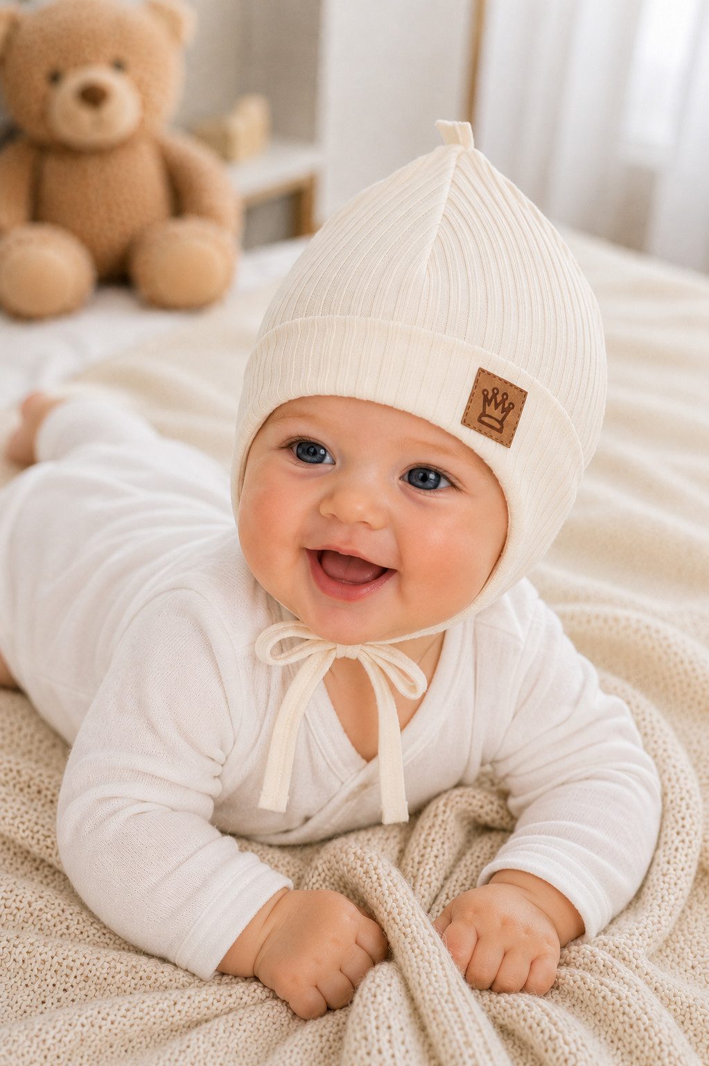 Erstlingsmütze Erstlingsmütze Baby Mütze Haube Mützchen in Creme mit Krone