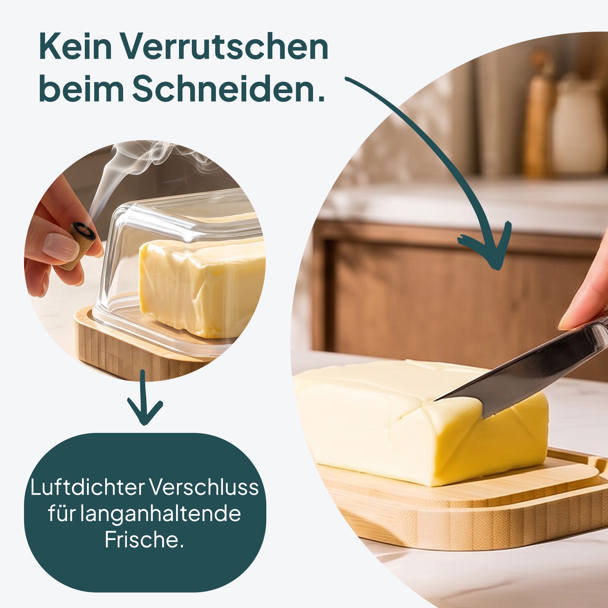 uandu home Butterdose Glas & Bambus – Borosilikat Glasdeckel, (mit FSC-zertifiziertem Bambusboden – Luftdichte Butterglocke für 250g Butter – Butterschale, Geschenkidee, Butter Box Dose, Butterbox)