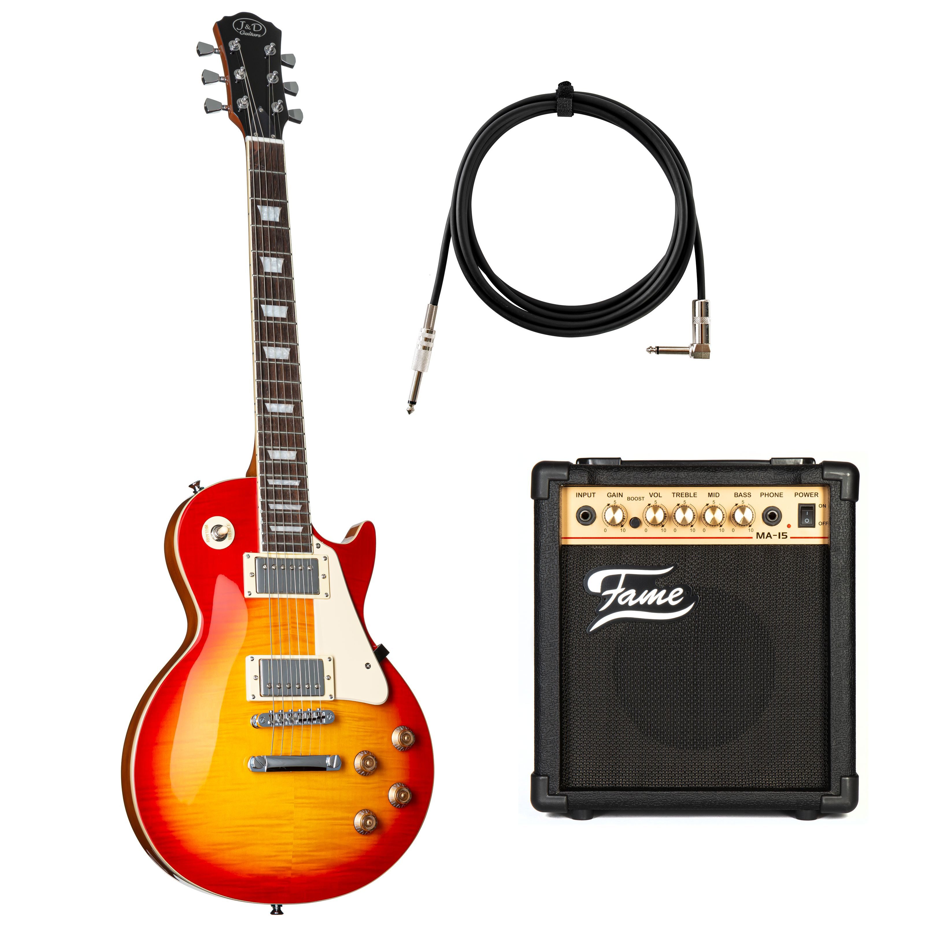 J & D E-Gitarre, E-Gitarren Set aus T-Style E-Gitarre 15 Watt Combo Gitarrentasche Gitarrensaiten 10 Stück Plektren Stimmgerät Gurt Instrumentenkabel, E-Gitarren, E-Gitarren-Sets, LS II SB Sunburst + MA 15 - E-Gitarren Anfänger Set