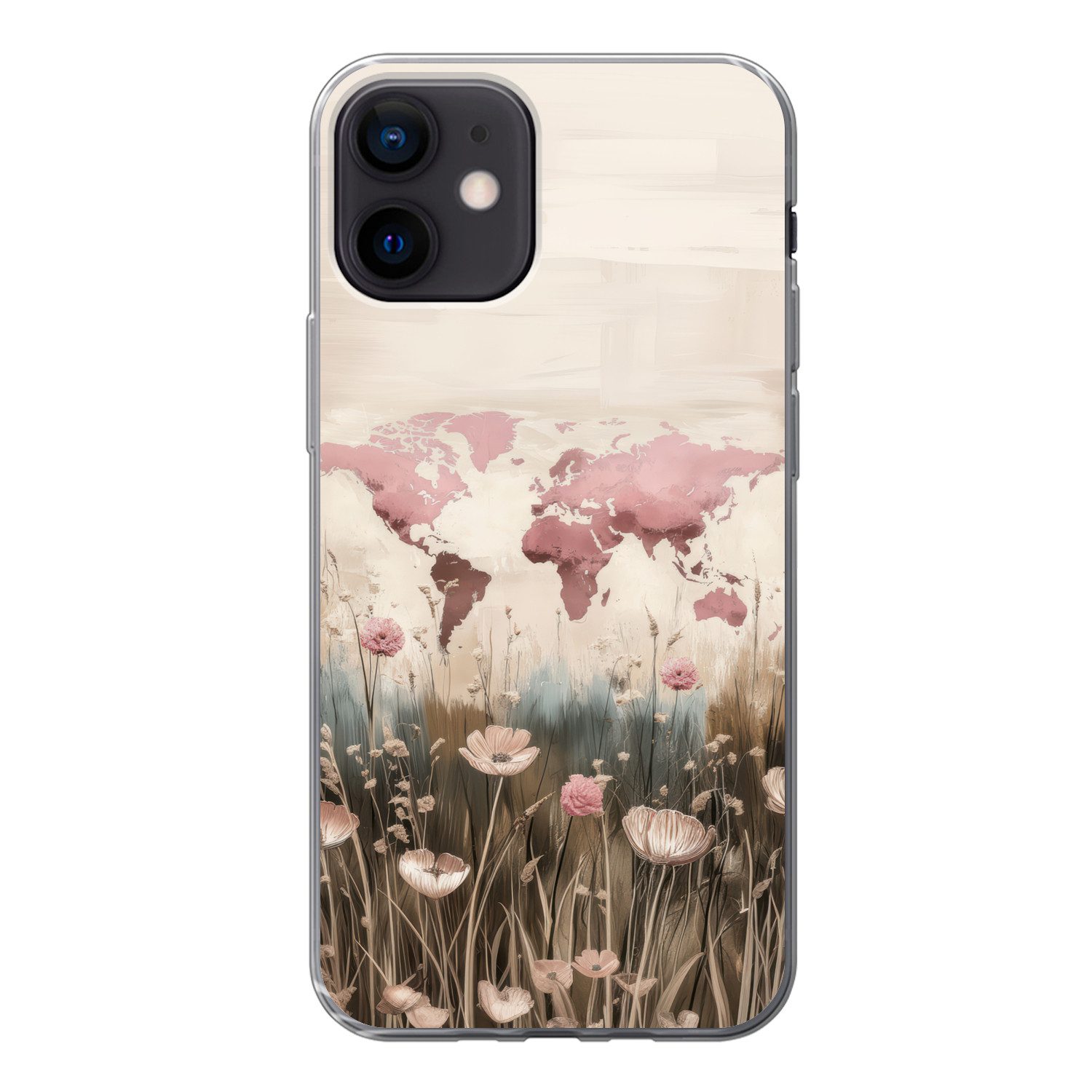 MuchoWow Handyhülle für Apple iPhone 12 Weltkarte - Rosa - Blumen, Smartphone-Bumper, Print, Handy Schutzhülle Dünn