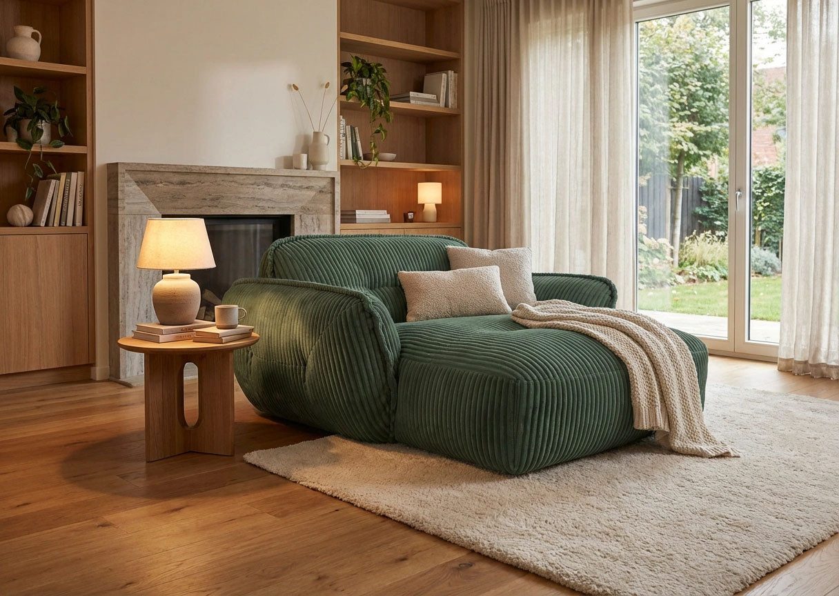 TRENDMANUFAKTUR Chaiselongue Be Fluffy, mit Rundumbezug, Loveseat mit moderner breiter Kedernaht, mit softem Sitzkomfort, in hochwertigem Breitcord mit weicher Haptik