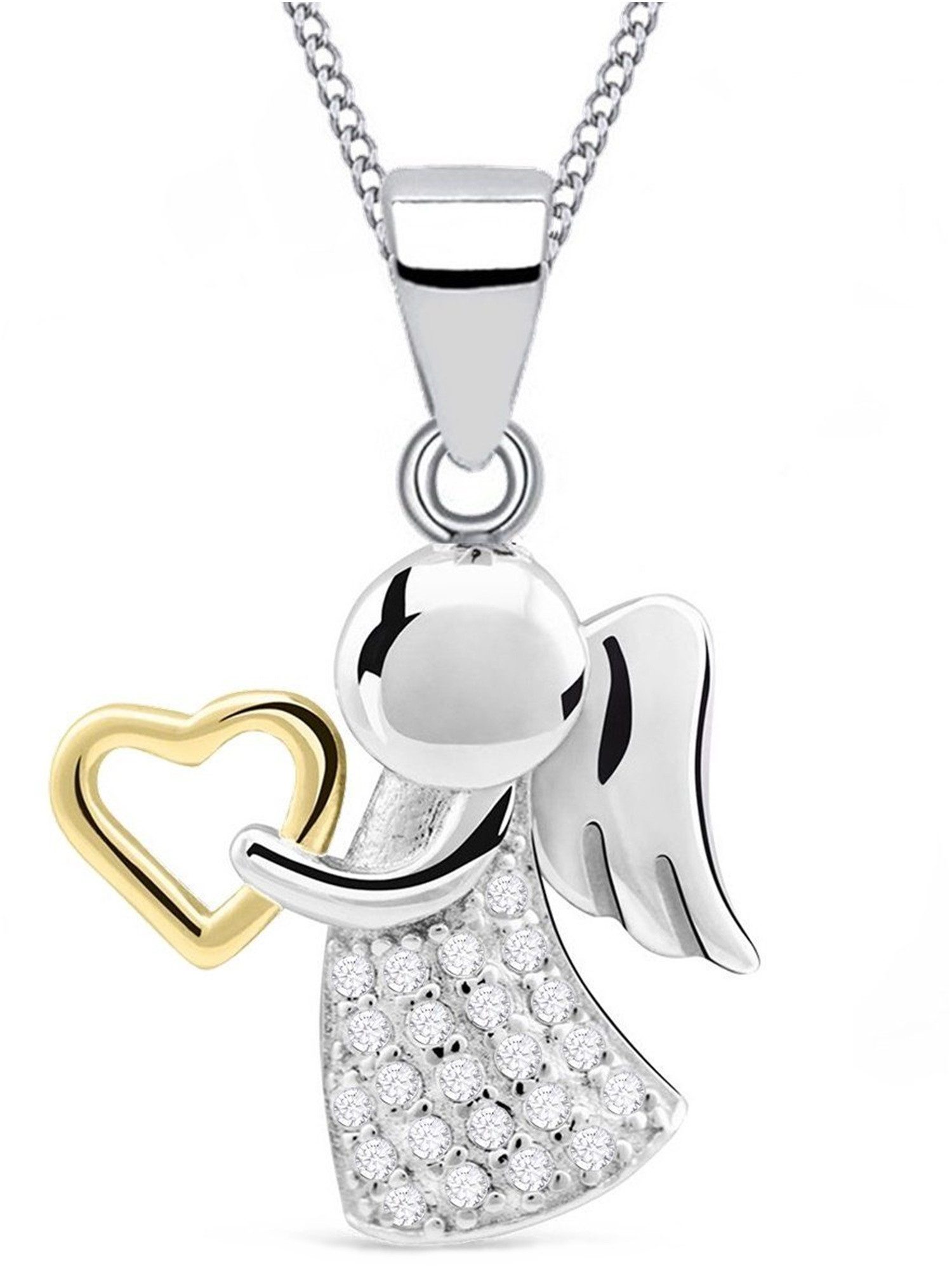 Goldene Hufeisen Kette mit Anhänger Schutzengel Herz Zirkonia Halskette 925 Sterling Silber Damen Mädchen (2-tlg, inkl. Etui), Rhodiniert, Schmuck Geschenk, mit Zirkonia Steine