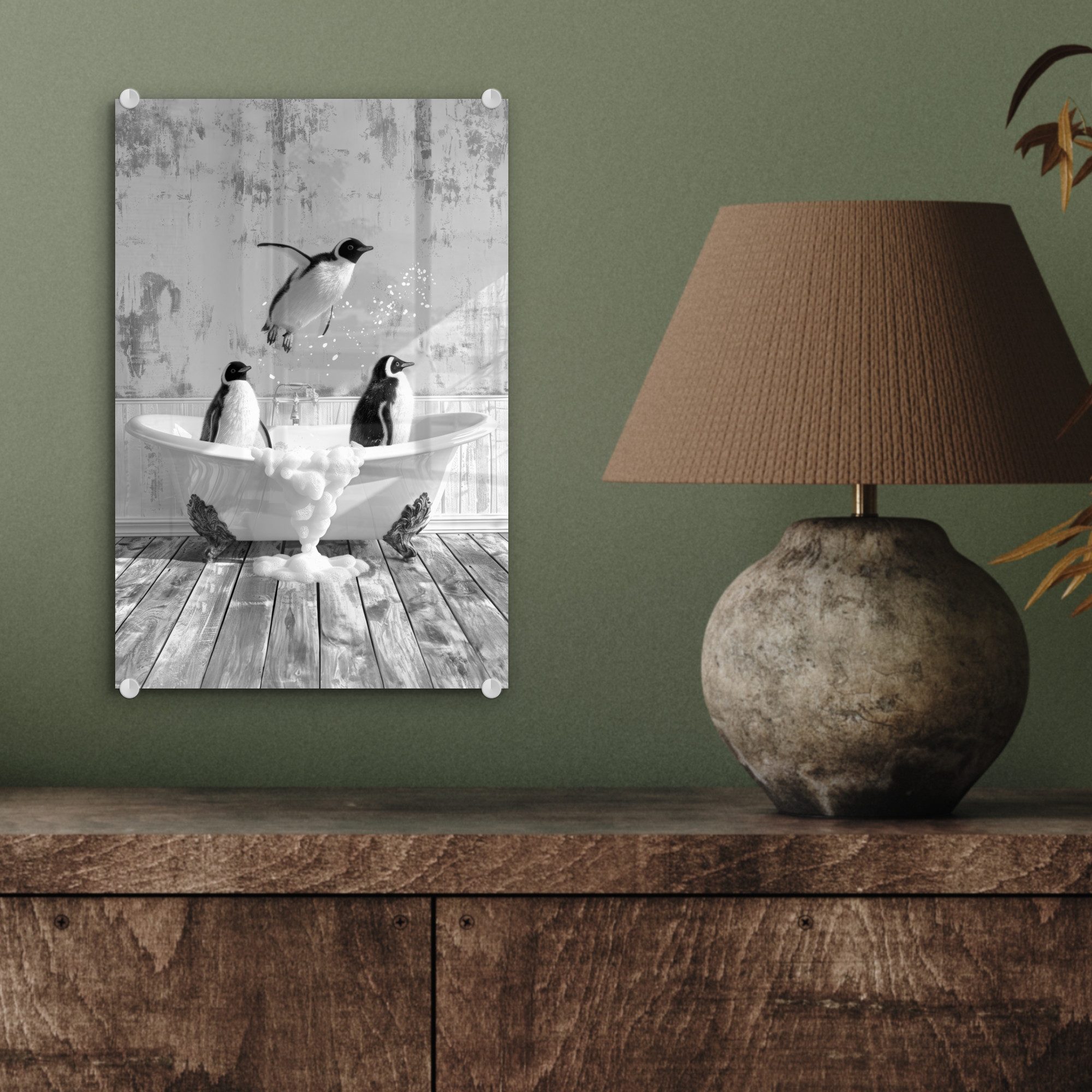 MuchoWow Acrylglasbild Pinguine - Vintage - Tiere - Schwarz - Weiß, Inkl. Aufhängung, Acrylglasbilder Badezimmer, Toilette Bilder auf Glas, 20x30 cm – Bild 4 von 5