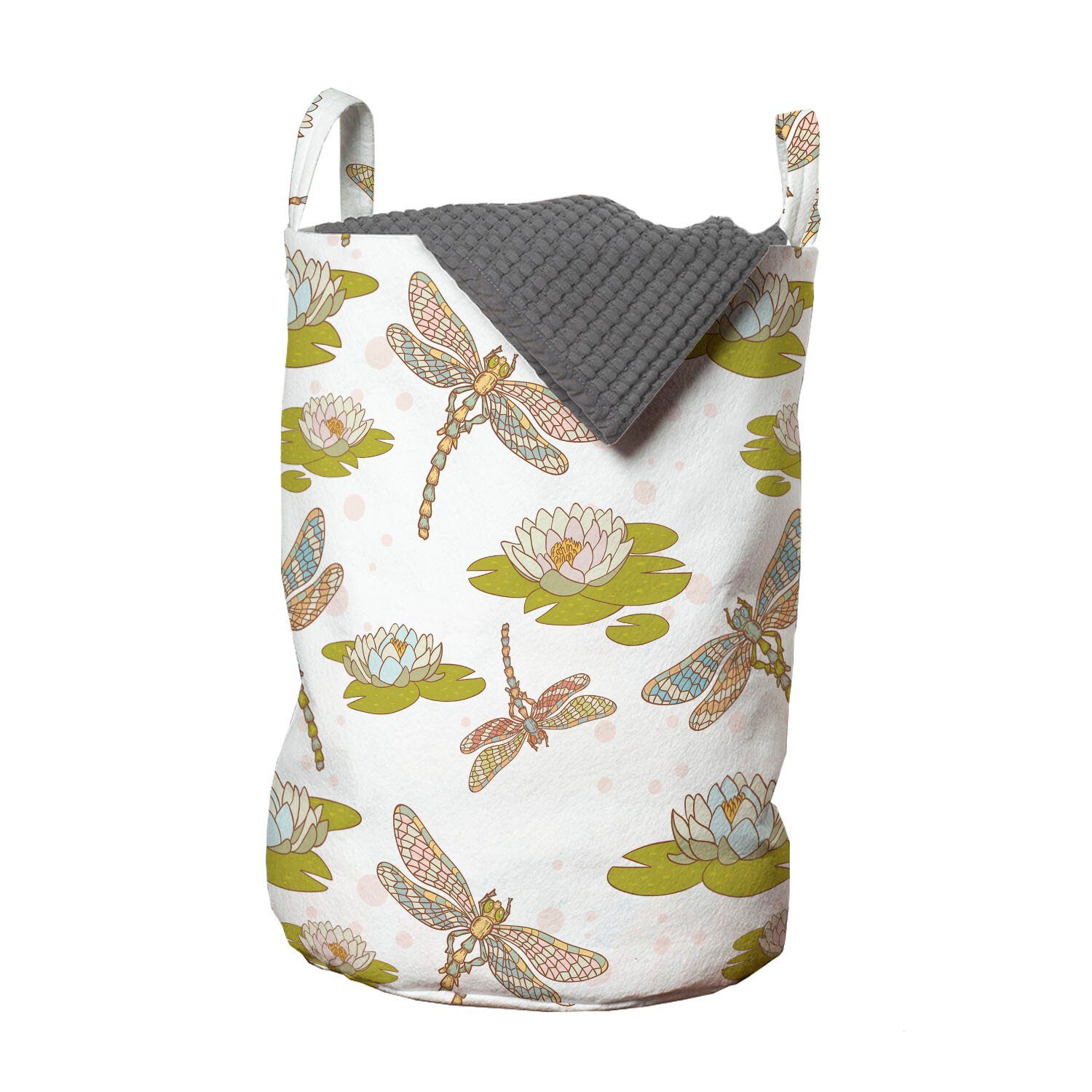 Abakuhaus Wäschesäckchen Wäschekorb mit Griffen Kordelzugverschluss für Waschsalons, Libelle Lotus Blume