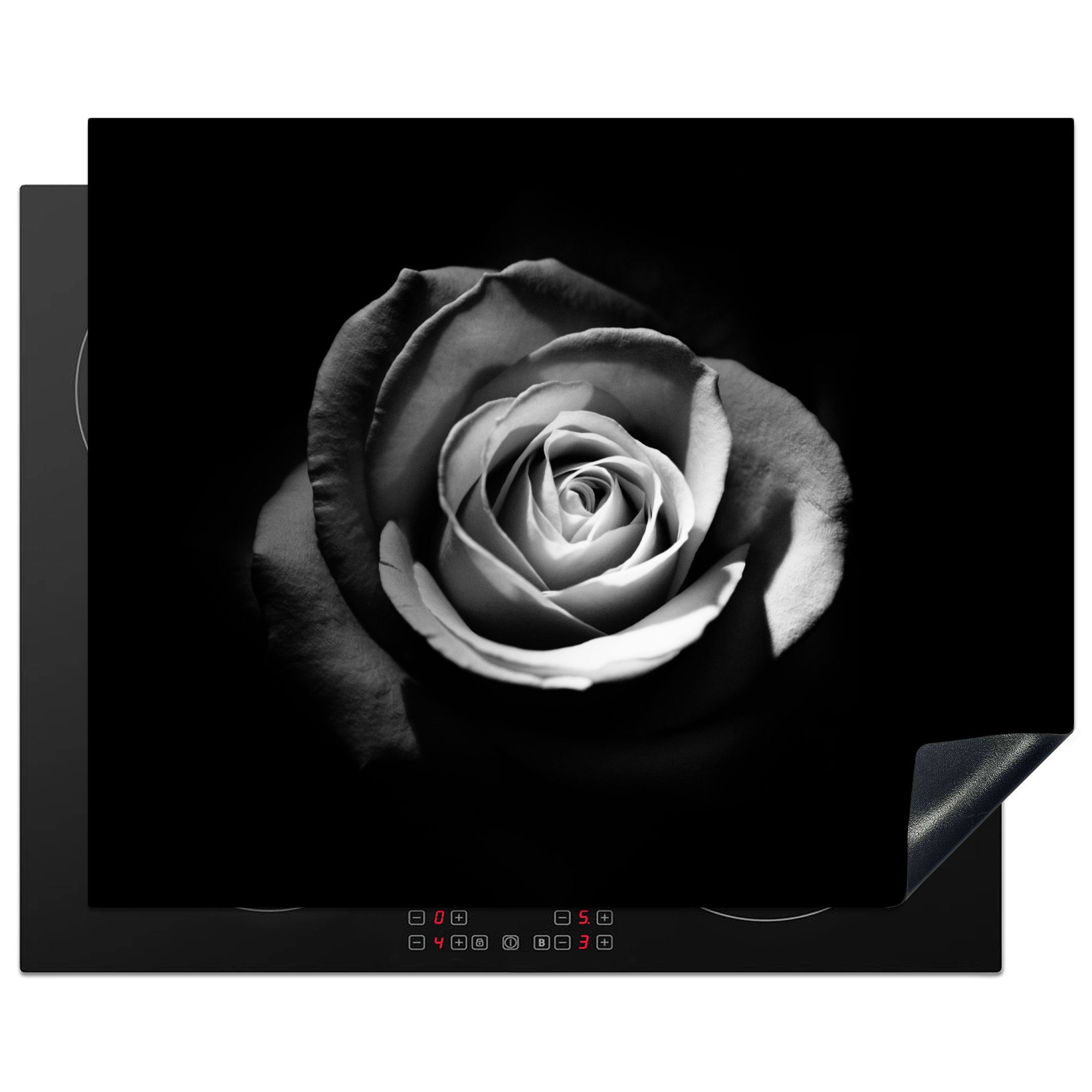 MuchoWow Herd-Abdeckplatte Blumen - Schwarz - Rose - Weiß - Botanisch, Vinyl, (1 tlg), Abdeckung Induktionskochfeld Schutzmatte, Küche Deko, 65x52 cm