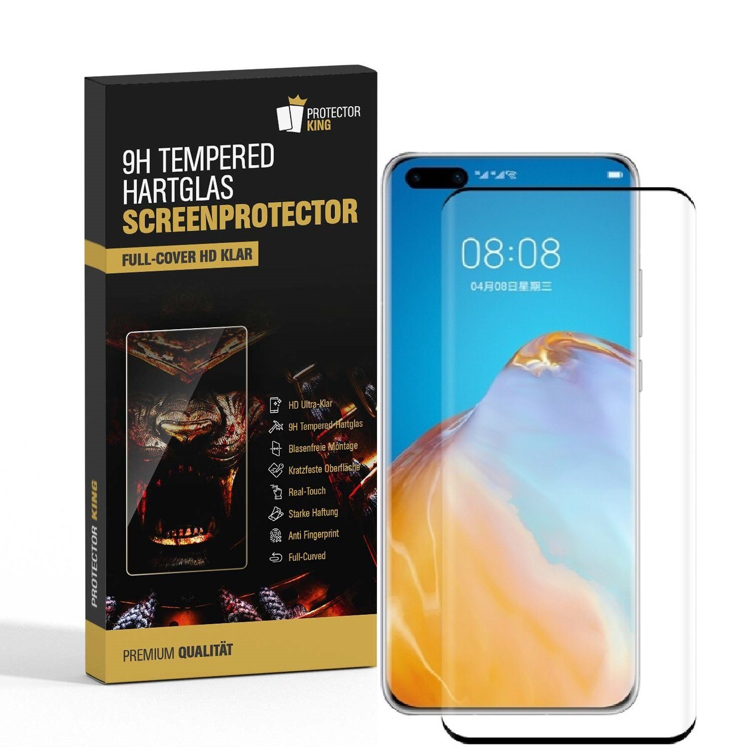 Protectorking Schutzfolie 1x 9H Panzerglas für Huawei P40 Pro FULL CURVED Displayschutz Schutzgl, (1-Stück), Displayschutzglas, Schutzglas Echtglas Tempered 9H Härte HD-KLAR