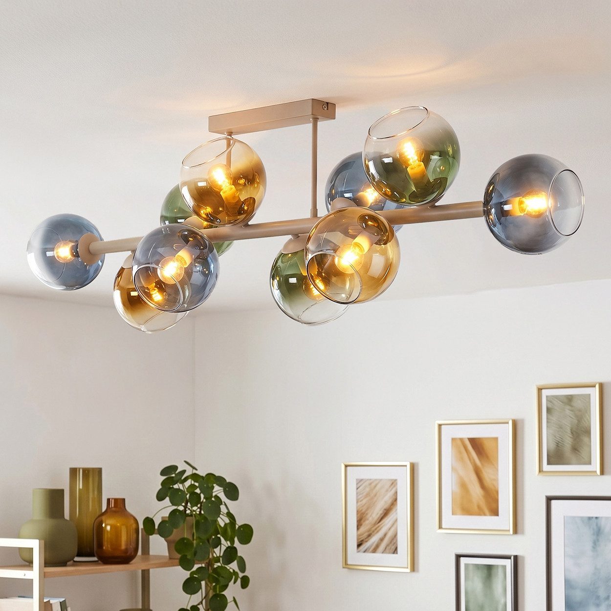 hofstein Deckenleuchte Deckenlampe aus Metall/Glas in Sandfarben/Weiß/Blau/Grün/Gold/Klar, moderne Deckenleuchte im Retro/Vintage-Design, 10 x E14