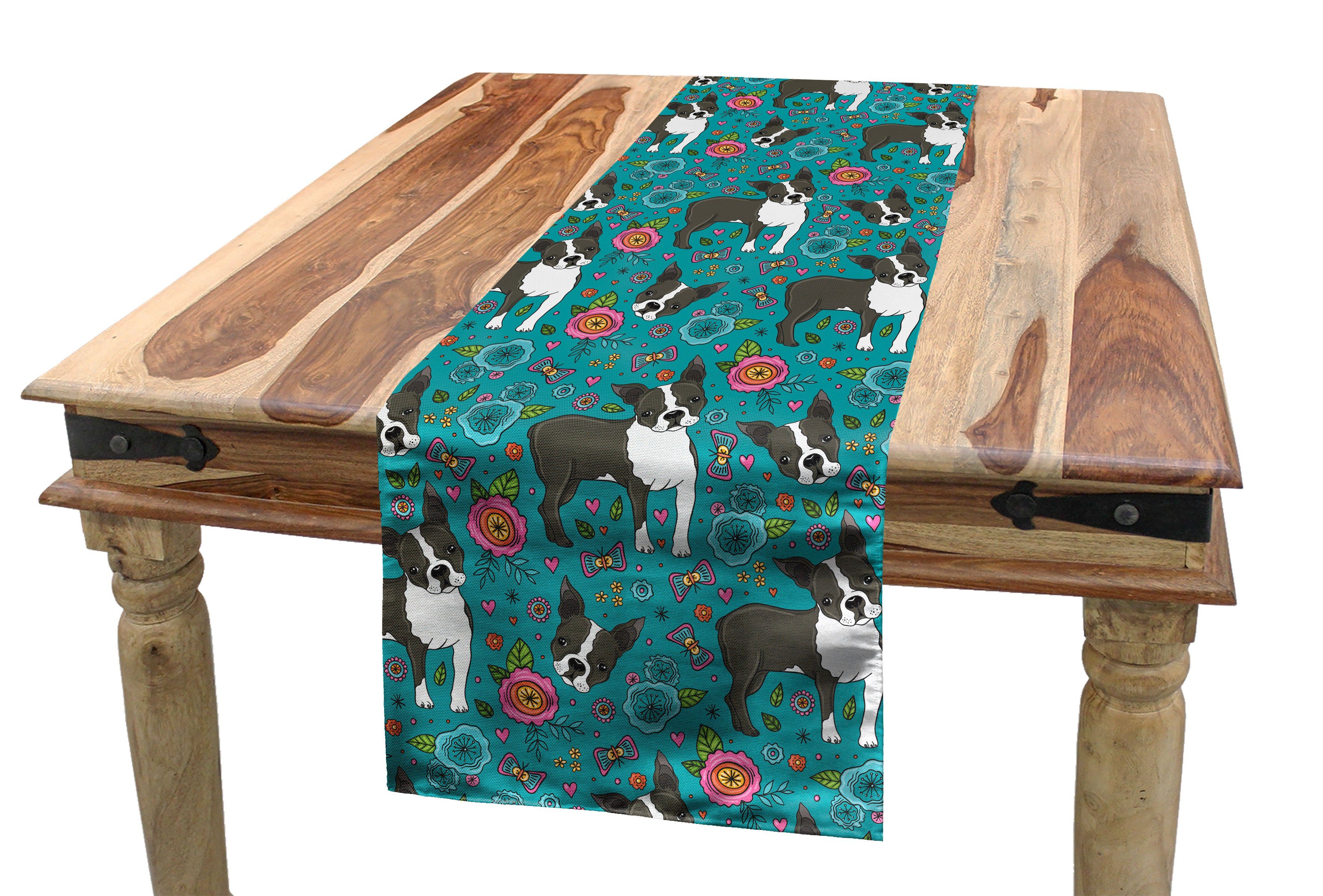 Abakuhaus Tischläufer Esszimmer Küche Rechteckiger Dekorativer Tischläufer, Hund Woodland Boston Terrier Floral