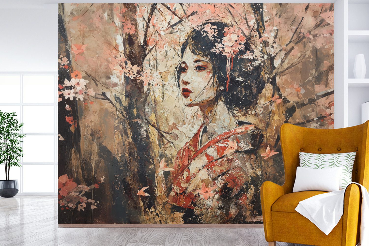 MuchoWow Fototapete Kimono - Frau - Kirschbäume, Matt, bedruckt, Montagefertig Vinyl Tapete, Wandtapete, 275x220 cm