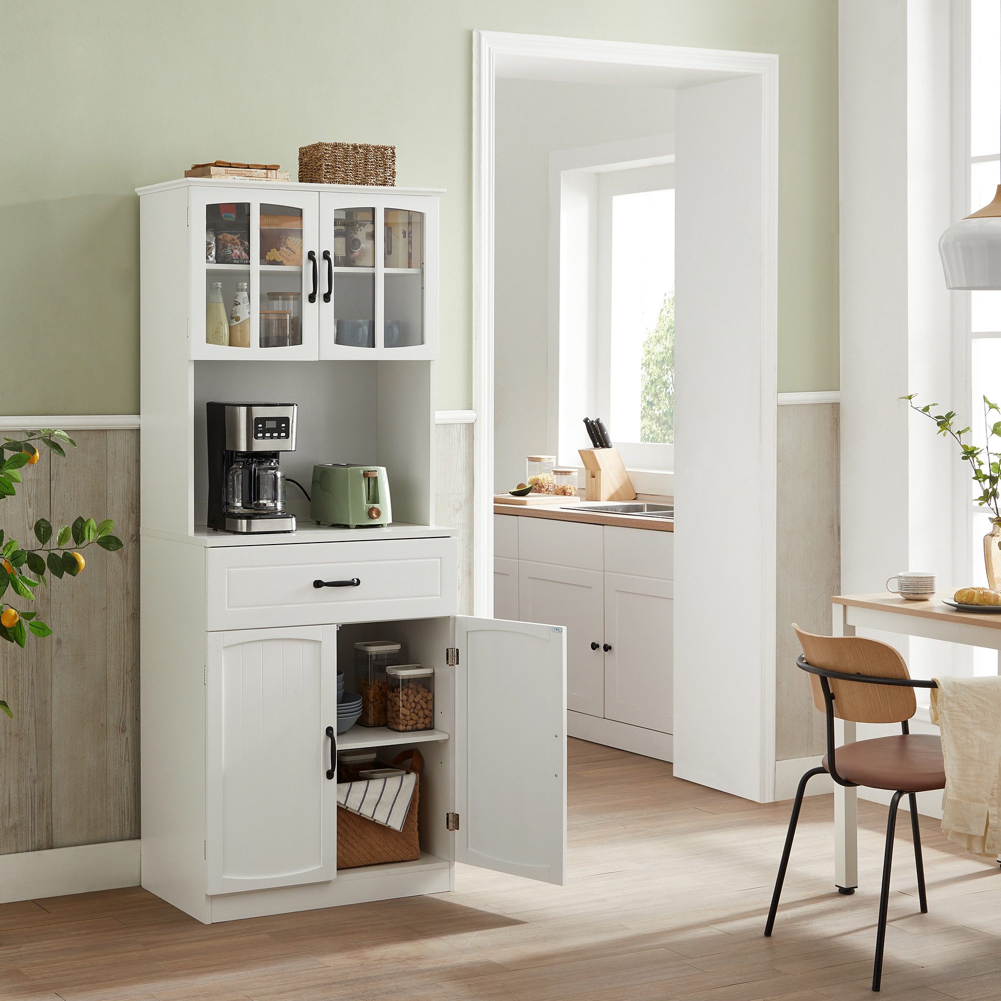 VASAGLE Buffet Küchenschrank Mehrzweckschrank mit verstellbaren Einlegeböden moderner Stil, Schublade, Vorratsschrank, Glastüren, Kabelloch – Bild 3 von 5