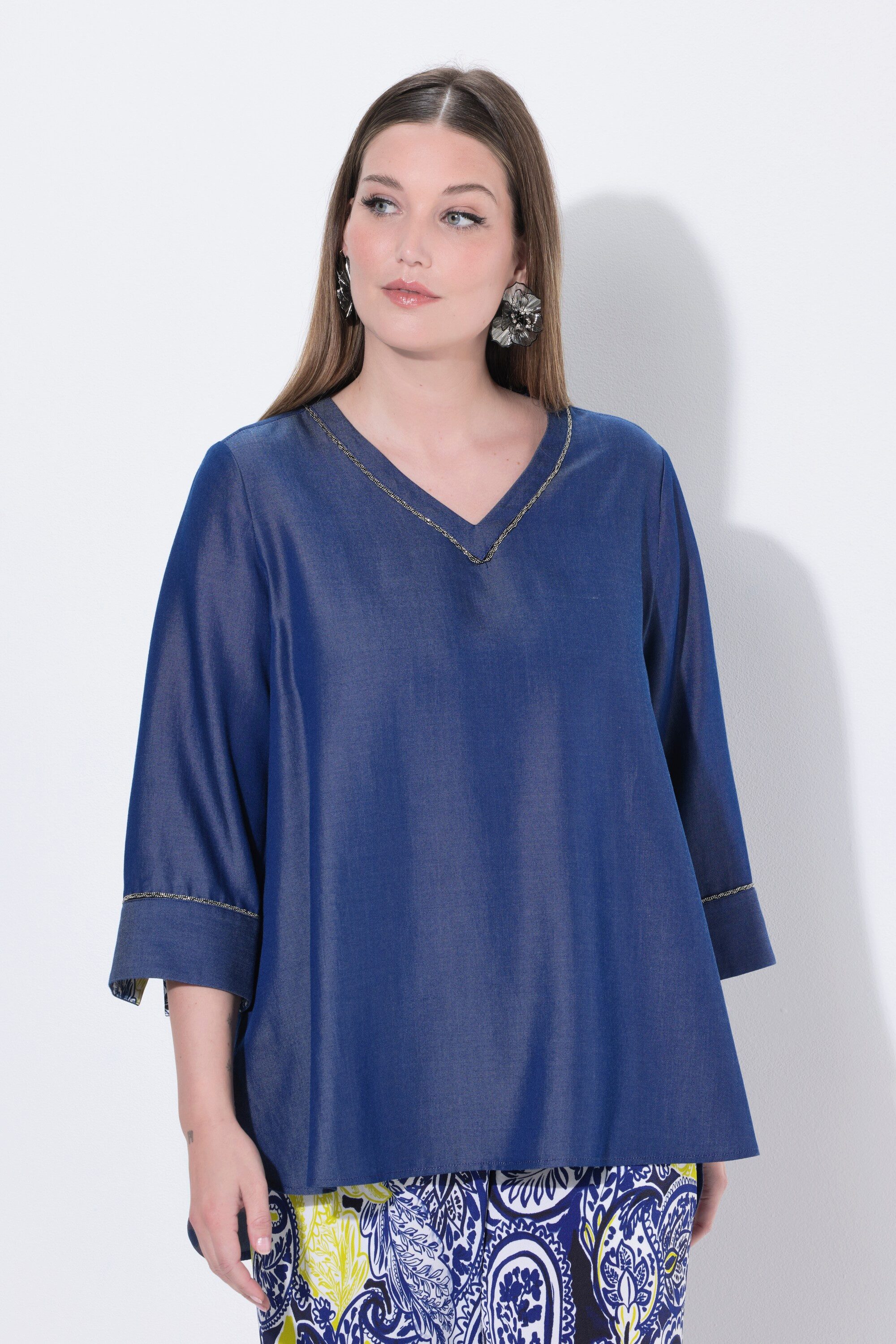 Druckbluse Lyocell-Blusenshirt Jeansoptik V-Ausschnitt
