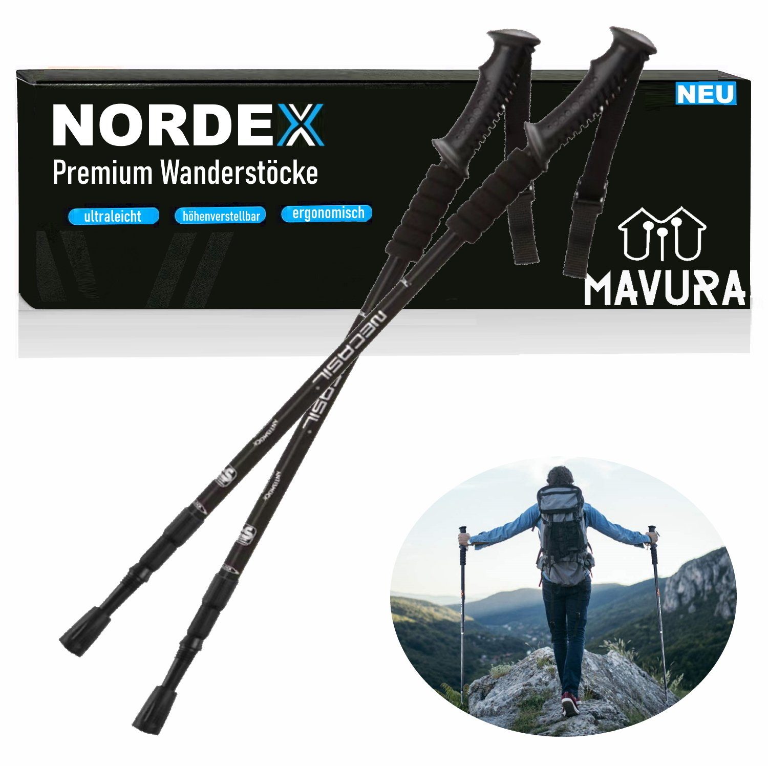 MAVURA Wanderstöcke NORDEX Wanderstock Set Aluminium Nordic Walking Stöcke, Teleskop ultraleicht Trekking Stöcke [2 Stück]