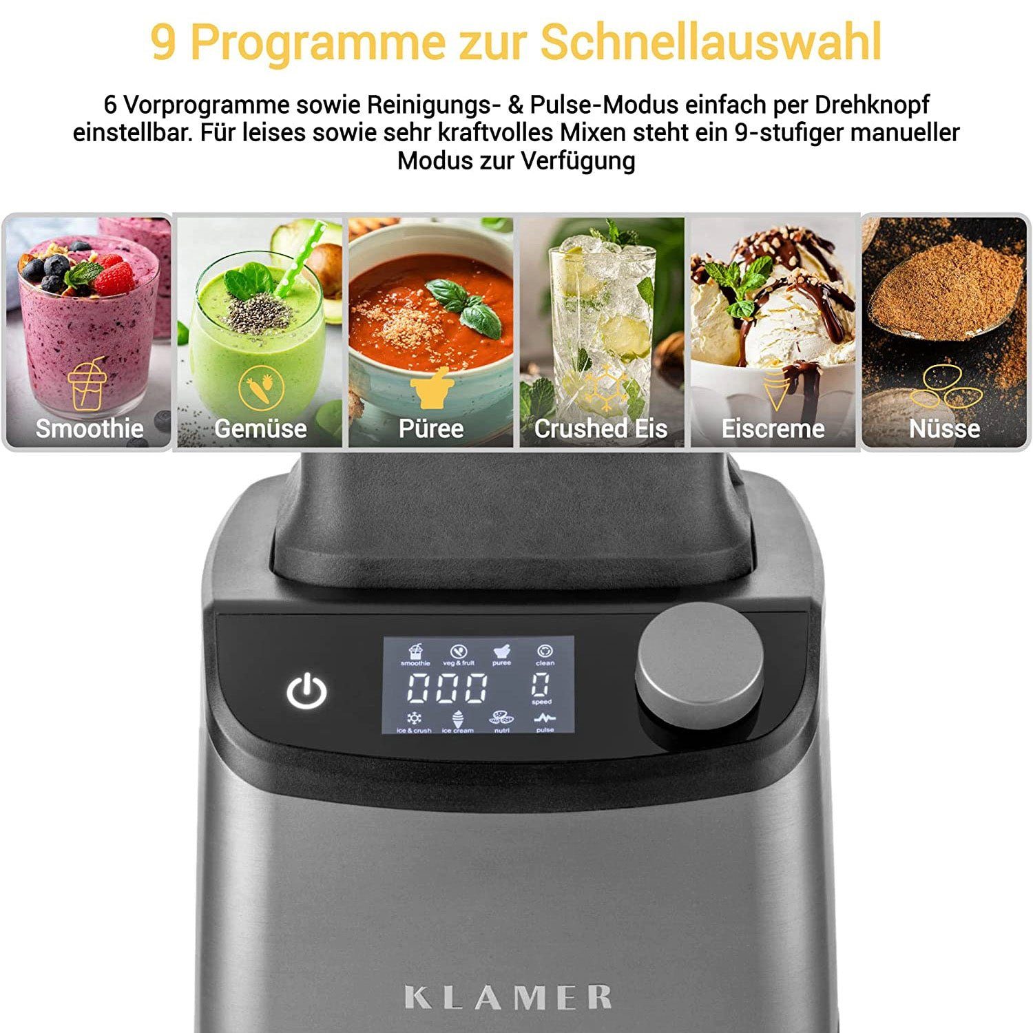 KLAMER Standmixer Hochleistungsmixer 1800W, 1,75L, Tritan-Mixbehälter, Smoothie Maker m…, 1800 W, 6 Auto- & 9 manuelle Stufen, Überhitzungsschutz, Reinigungsprogramm
