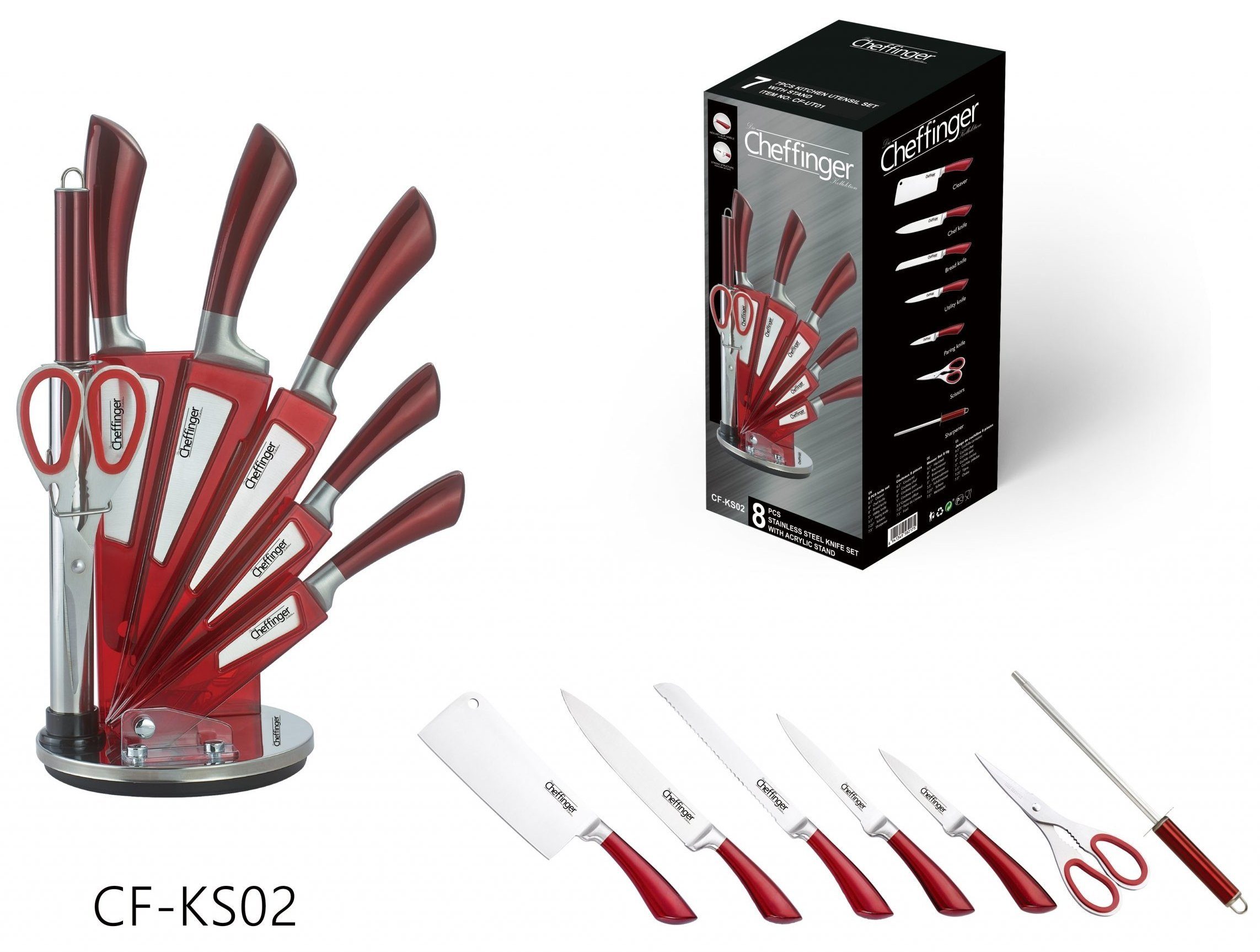 Cheffinger Ножи-Set Ножи Поварские ножи Ножиständer Ножиset 8-tlg. rot Cheffinger (Messerset bestehend aus 8 Teilen)