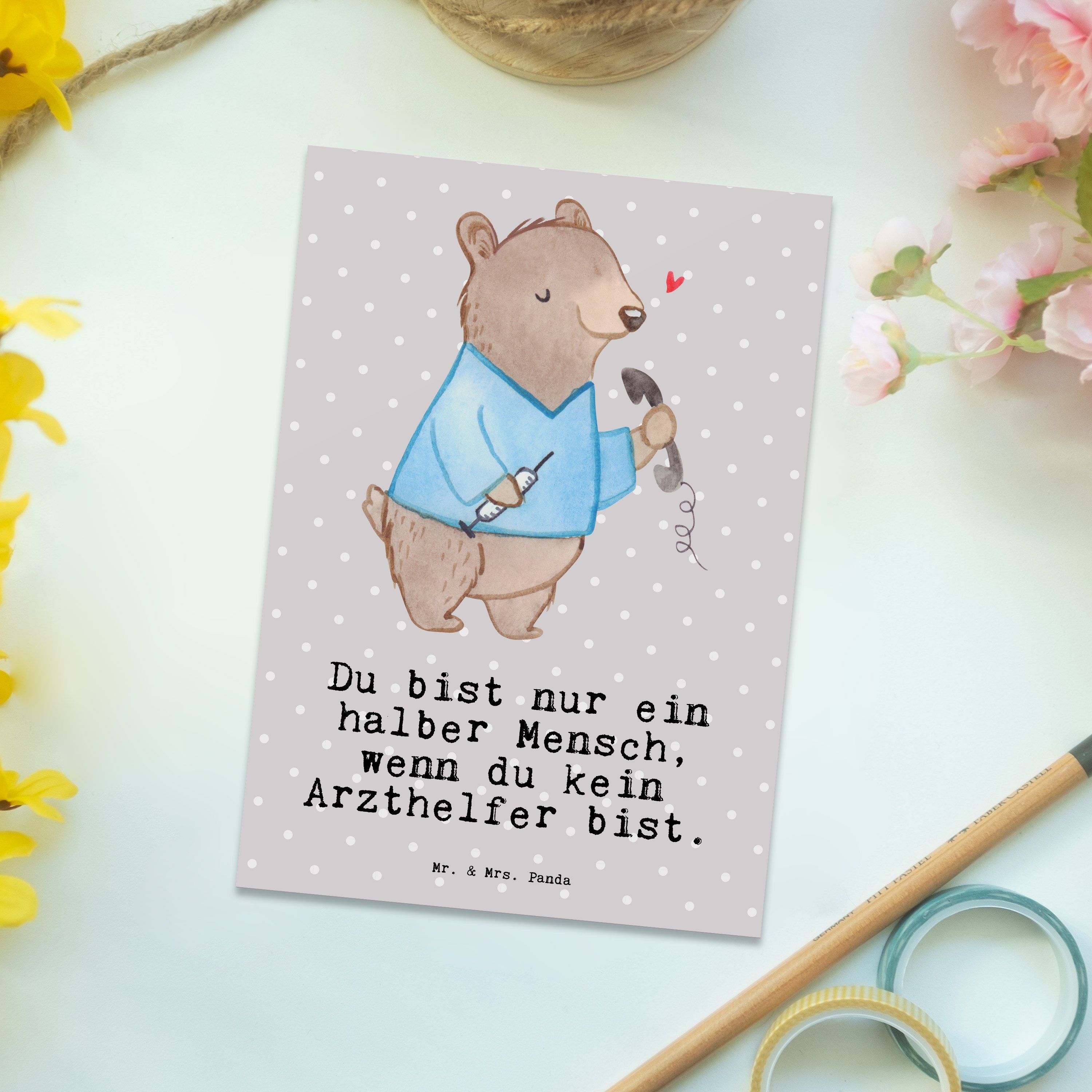 Panda Geburtstagskarte, mit Herz Geschenk, Postkarte Pastell Mrs. & Arzthelfer Gesc Grau - Mr. -