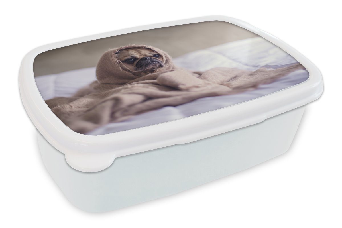 MuchoWow Lunchbox Hund - Decke - Bett, Kunststoff, (2-tlg), Brotbox für Kinder und Erwachsene, Brotdose, für Jungs und Mädchen weiß