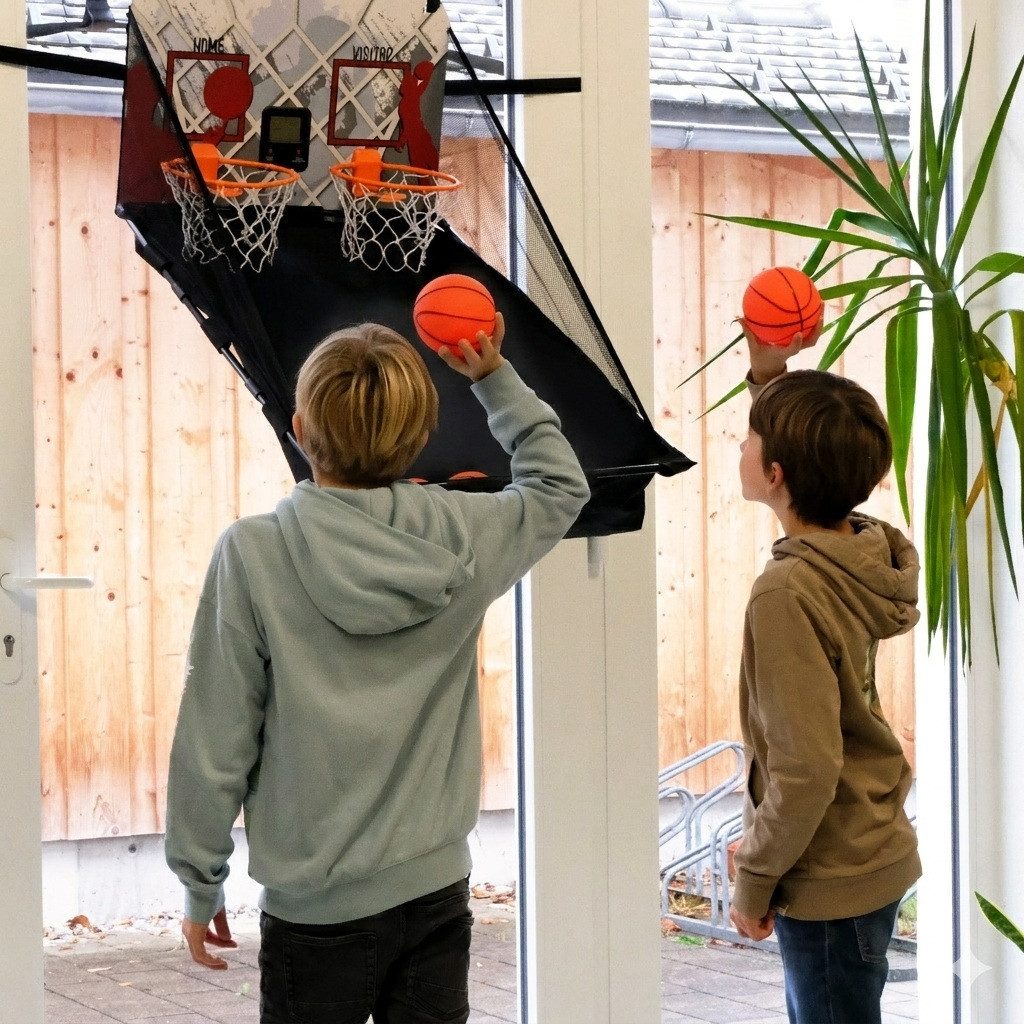 FASports Basketballkorb Indoor-Basketballspiel Bascade für die Tür mit LCD-Anzeigen, faltbar (für 2 Spieler ab 6 Jahre mit, 1-St., 2 Mini-Basketballkörben, 4 Bällen, Pumpe), Arcade Automat Basketballkorb Zimmertür-Spiel mit 2 elektron. Zählern