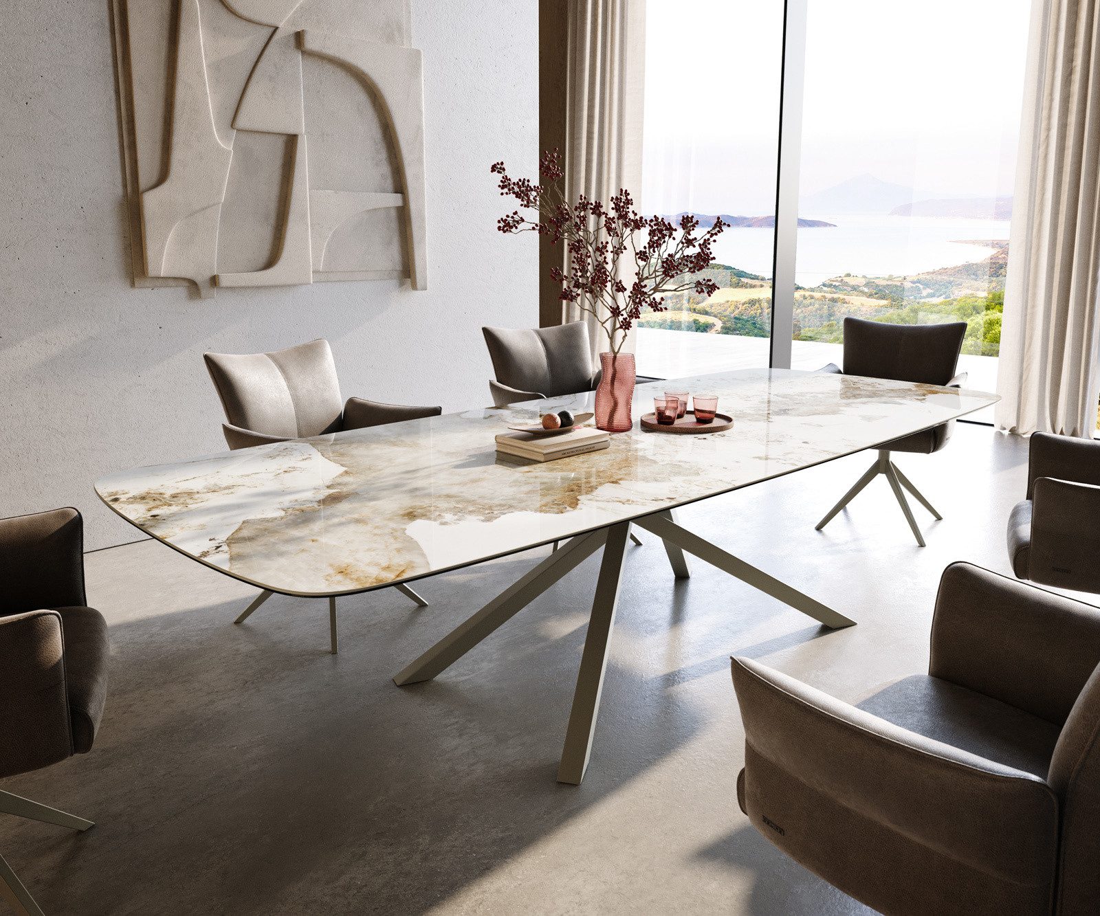 DELIFE Esstisch Edge, Boot 300x120 cm Keramik Minas Melange Weiß-Beige Kreuzgestell Rechteck