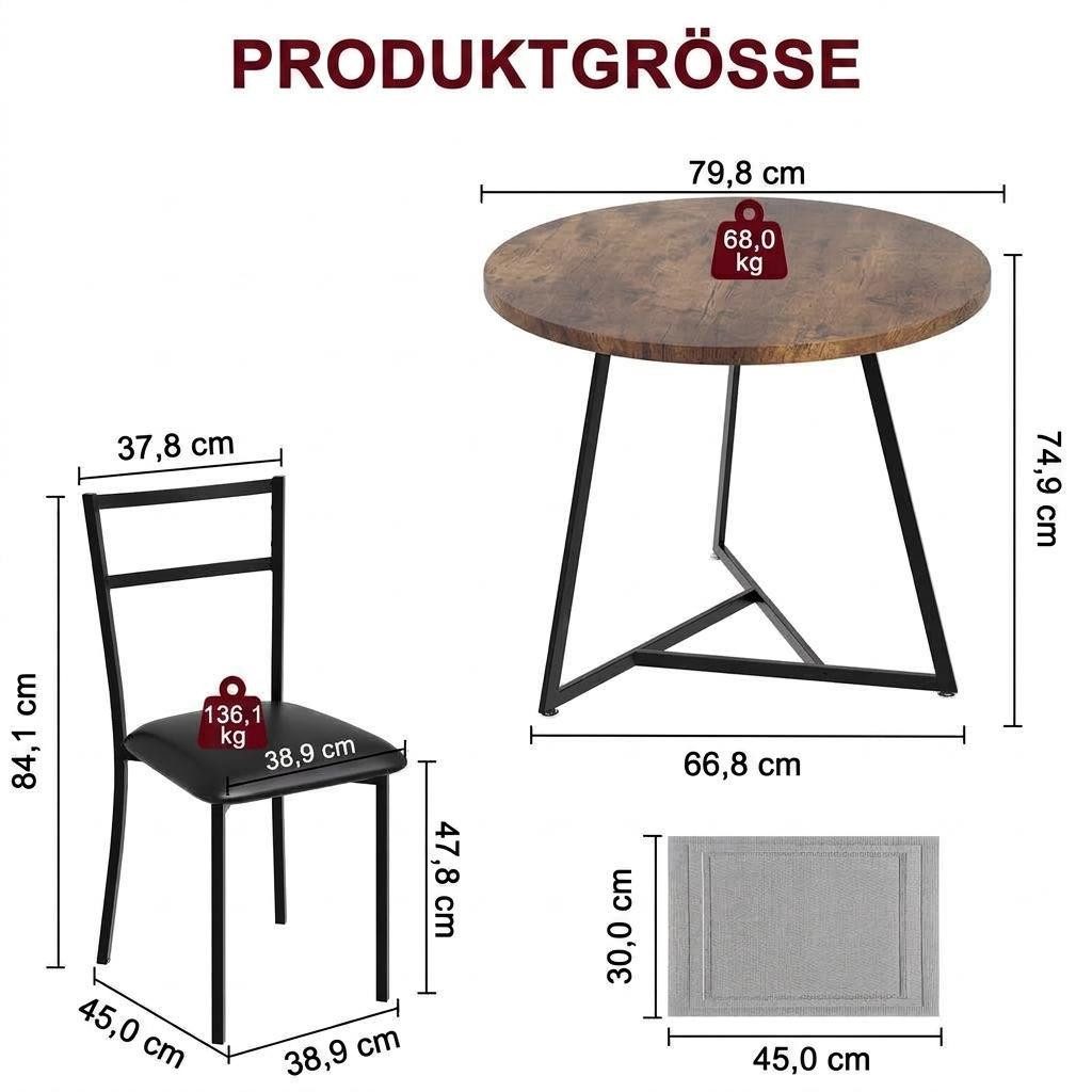 GarveeMore Essgruppe Esstisch mit 2 Stühlen,für Küche & Esszimmer, Runder Esstisch mit 2 Gepolsterter Sitz für kleinen Raum