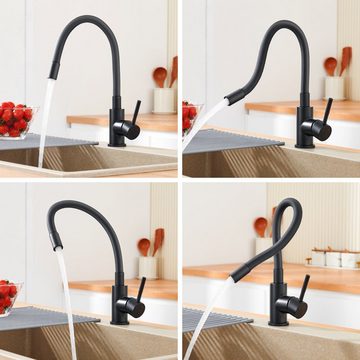 AuraLum pro Spültischarmatur Flexible Küchenarmatur Niederdruck Wasserhahn Küche Niederdruck Armatur,mit 3 Anschlussschläuchen,Schwarz