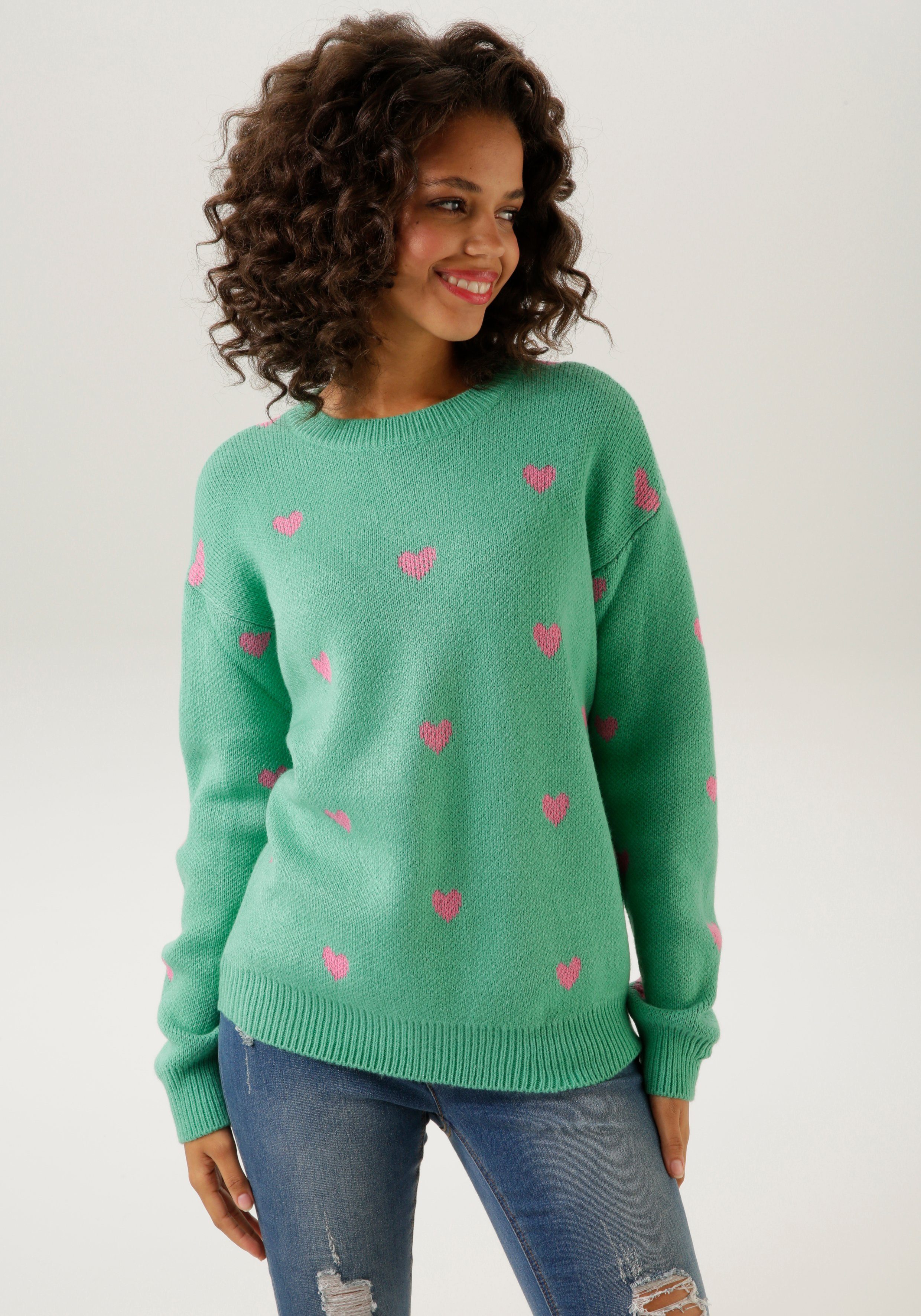 Herzchen Aniston grün-pink Strickpullover CASUAL mit KOLLEKTION eingestrickten NEUE -