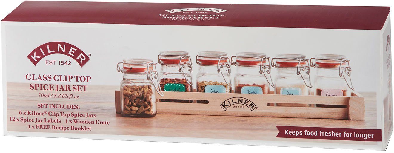 KILNER Gewürzbehälter, Glas, (Set, 7-tlg), x ml, 70 6 Kräuter geeignet Holzkasten, und für Gewürze