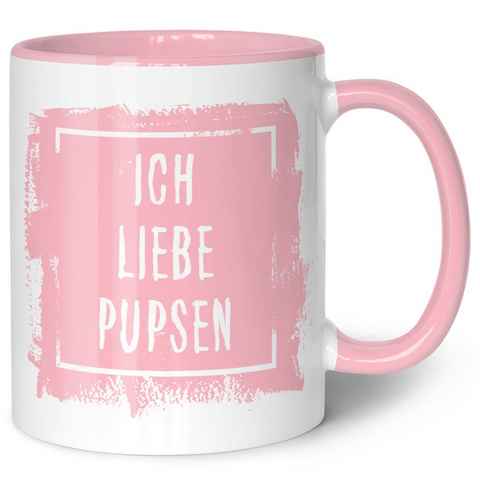 GRAVURZEILE Tasse mit Spruch - Ich liebe Pupsen - Langlebiger Druck - Lustiges Geschenk, aus Keramik - Spülmaschinenfest, Farbe: Rosa