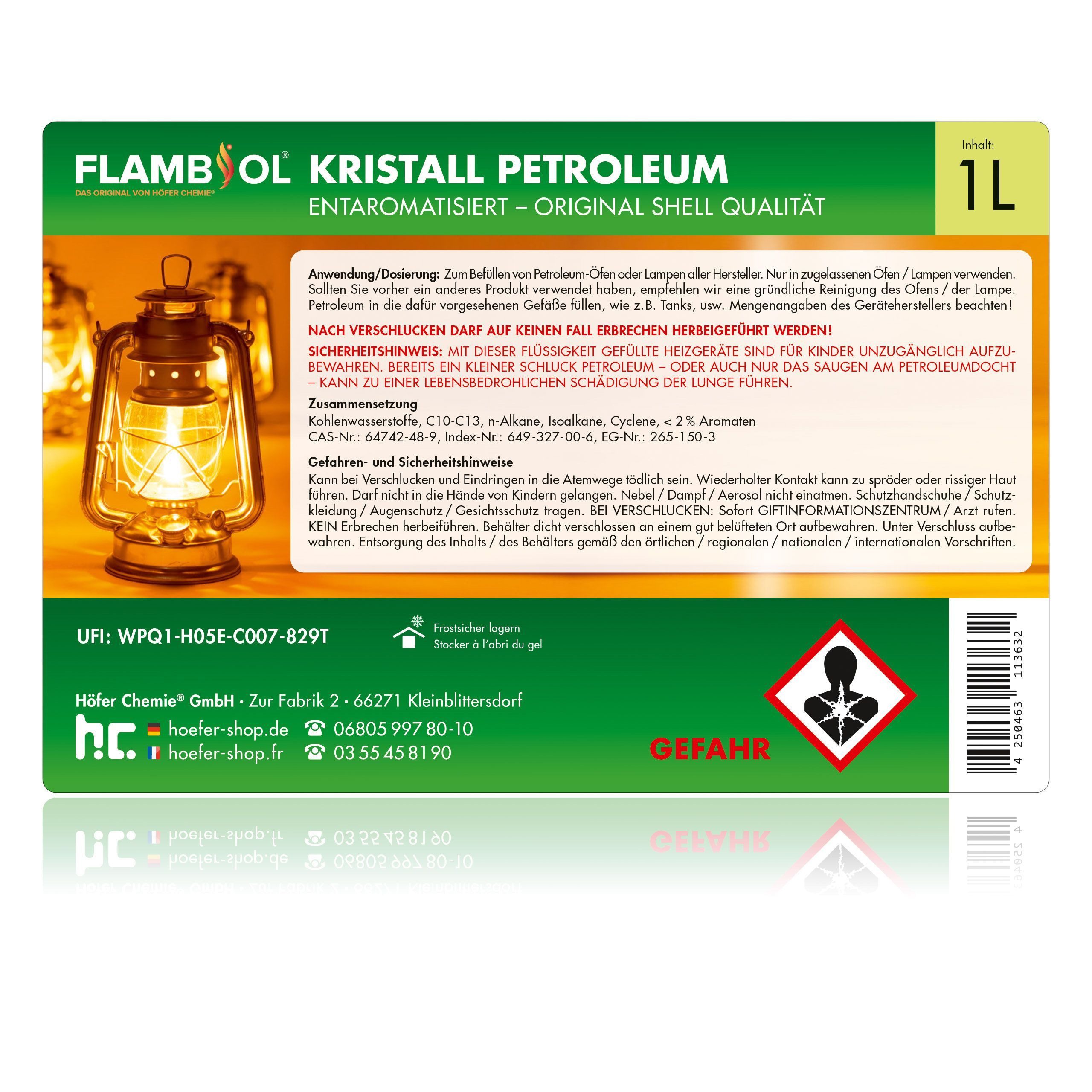 Höfer Chemie GmbH Petroleum 15x 1 L FLAMBIOL® Petroleum Heizöl in Flaschen, 15 l, (15-St), Sauberer Brennstoff für Öfen und Heizungen