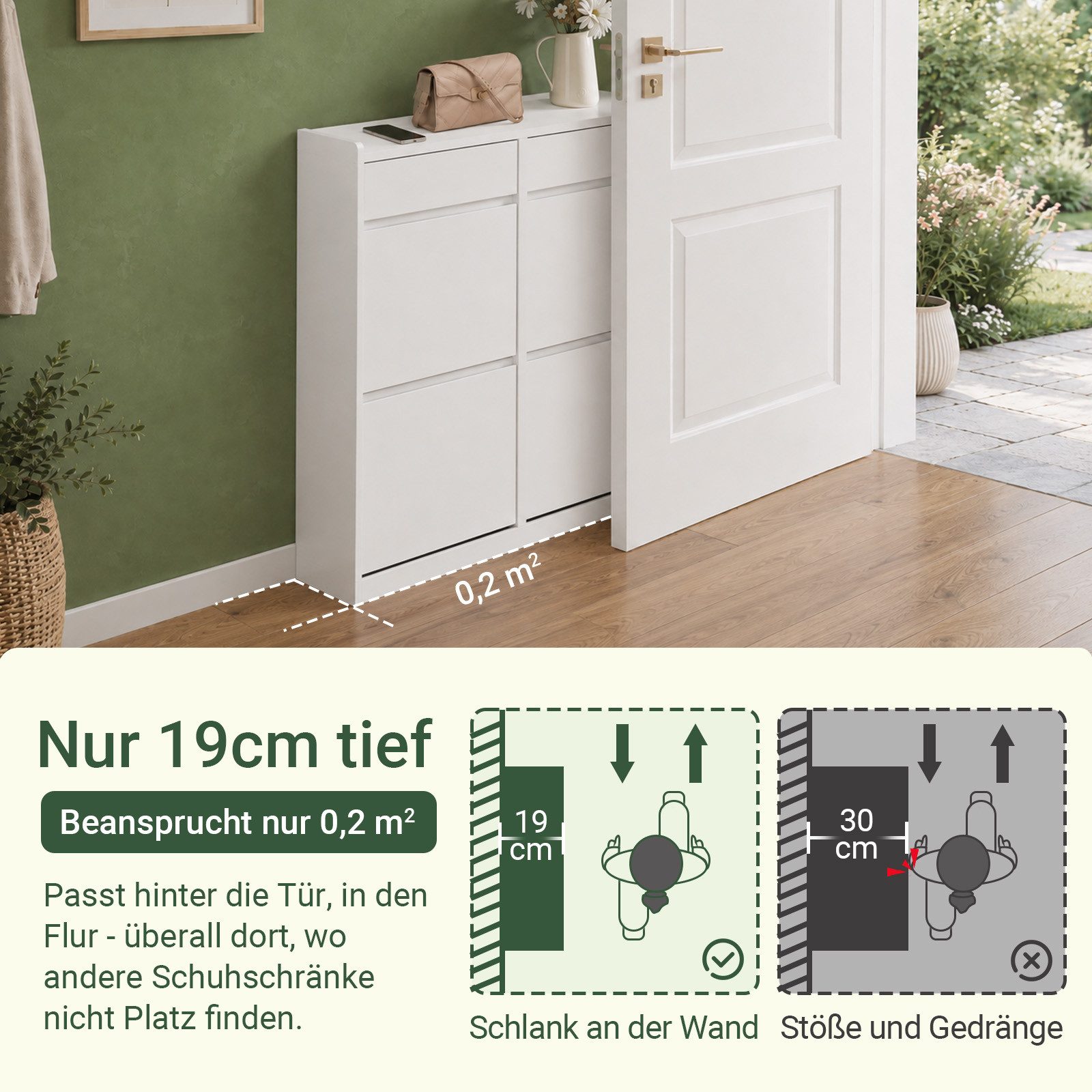 SoBuy Schuhschrank FSR169, Schuhablage, Schuhkipper schmal, Schuhregal, Schuhkommode mit 4 Klappen, 2 Schubladen, perfekt für schmale Flure, für 8-12 Paar
