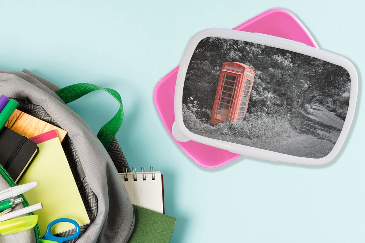 Telefonzelle Brotbox Mädchen, Kinder, im, einer Kunststoff, Snackbox, Schwarz-Weiß-Foto für und Lunchbox britischen Erwachsene, roten Kunststoff Brotdose rosa (2-tlg), MuchoWow