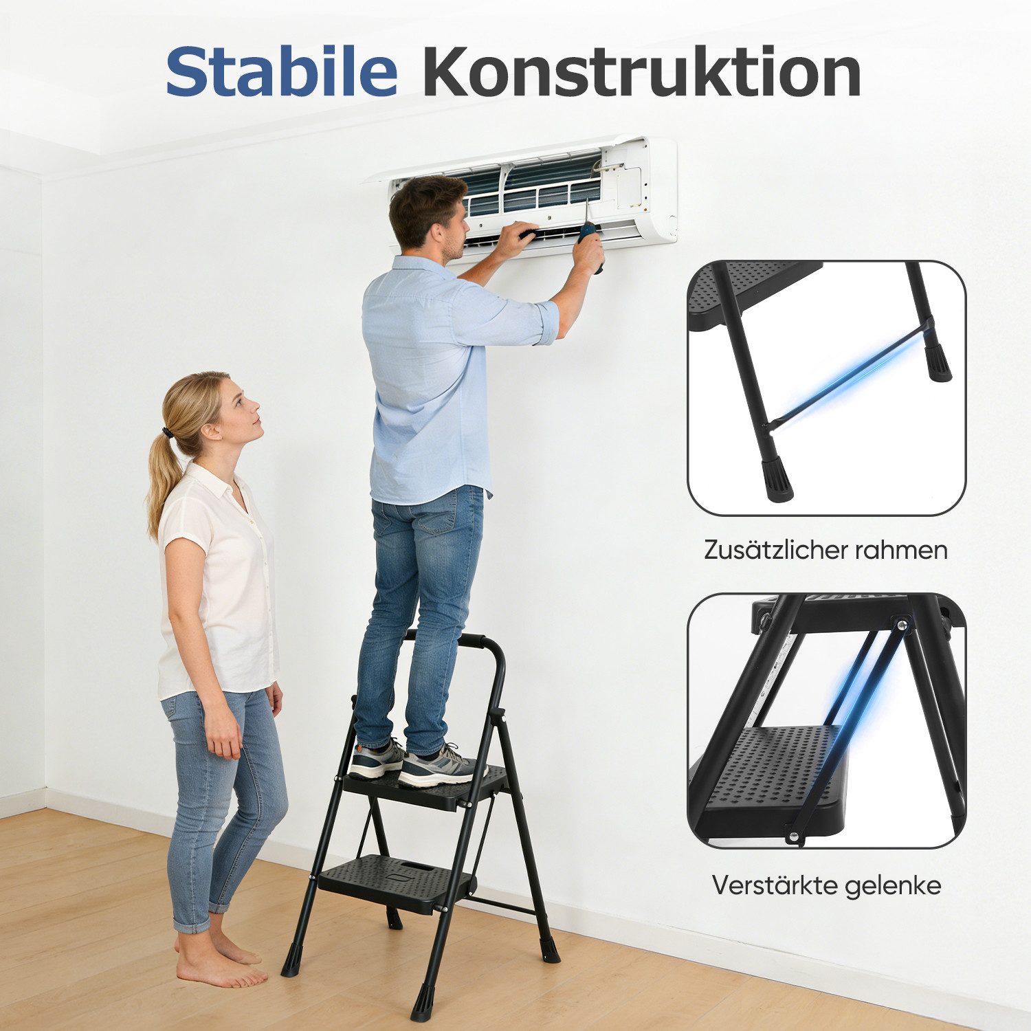 Sekey Trittleiter Klapptritt Faltbar mit extrabreiten 36 cm XXL-Trittstufen, Anti-Rutsch, Haushaltsleiter 2 Stufen klappbar, Multifunktionsleiter bis 150 kg